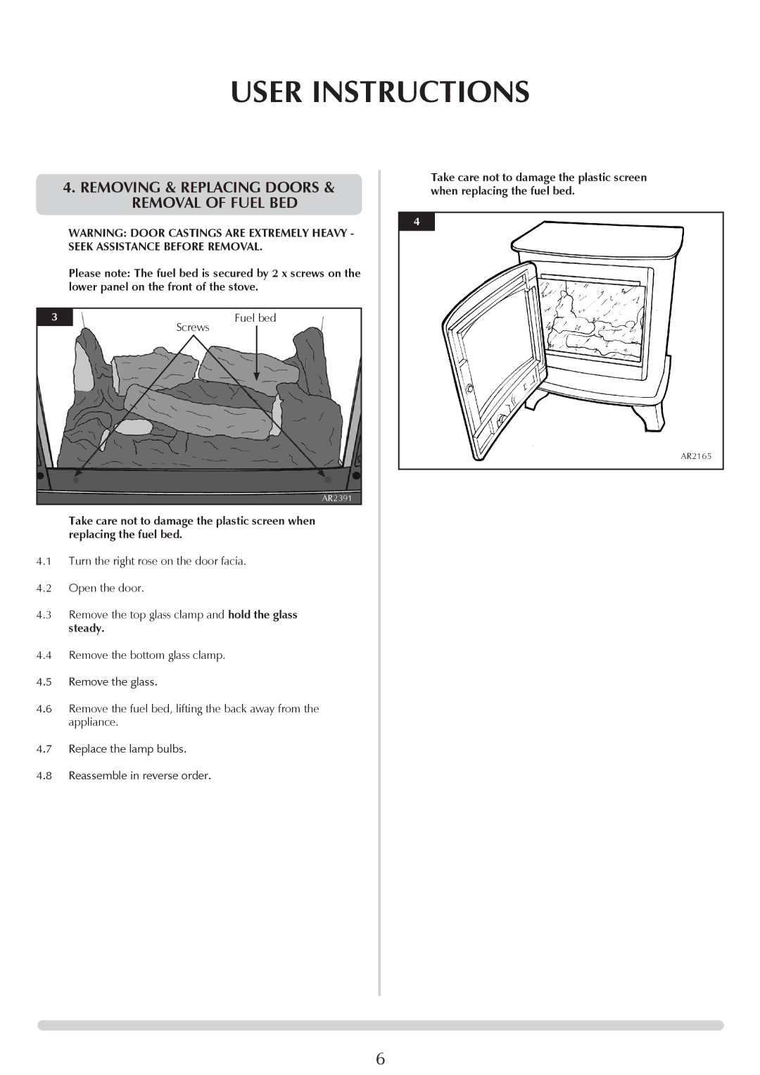 Yeoman YM-E9001FLA manual Removing & Replacing Doors & removal of fuel bed 