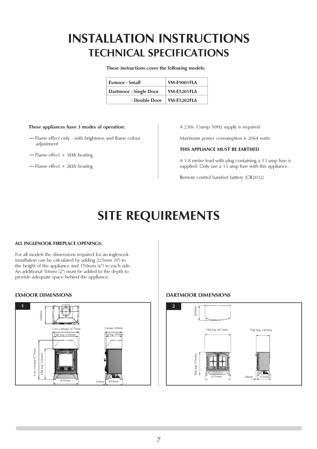 Yeoman YM-E9001FLA manual Installation Instructions, Site Requirements, This Appliance Must be Earthed 