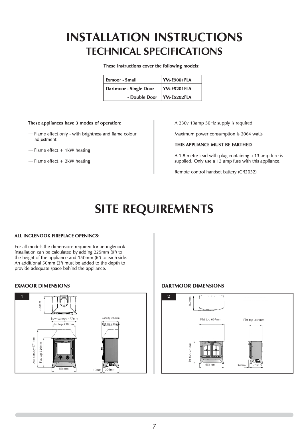 Yeoman YM-E9001FLA manual Installation Instructions, Site Requirements, Technical Specifications, Exmoor Dimensions 