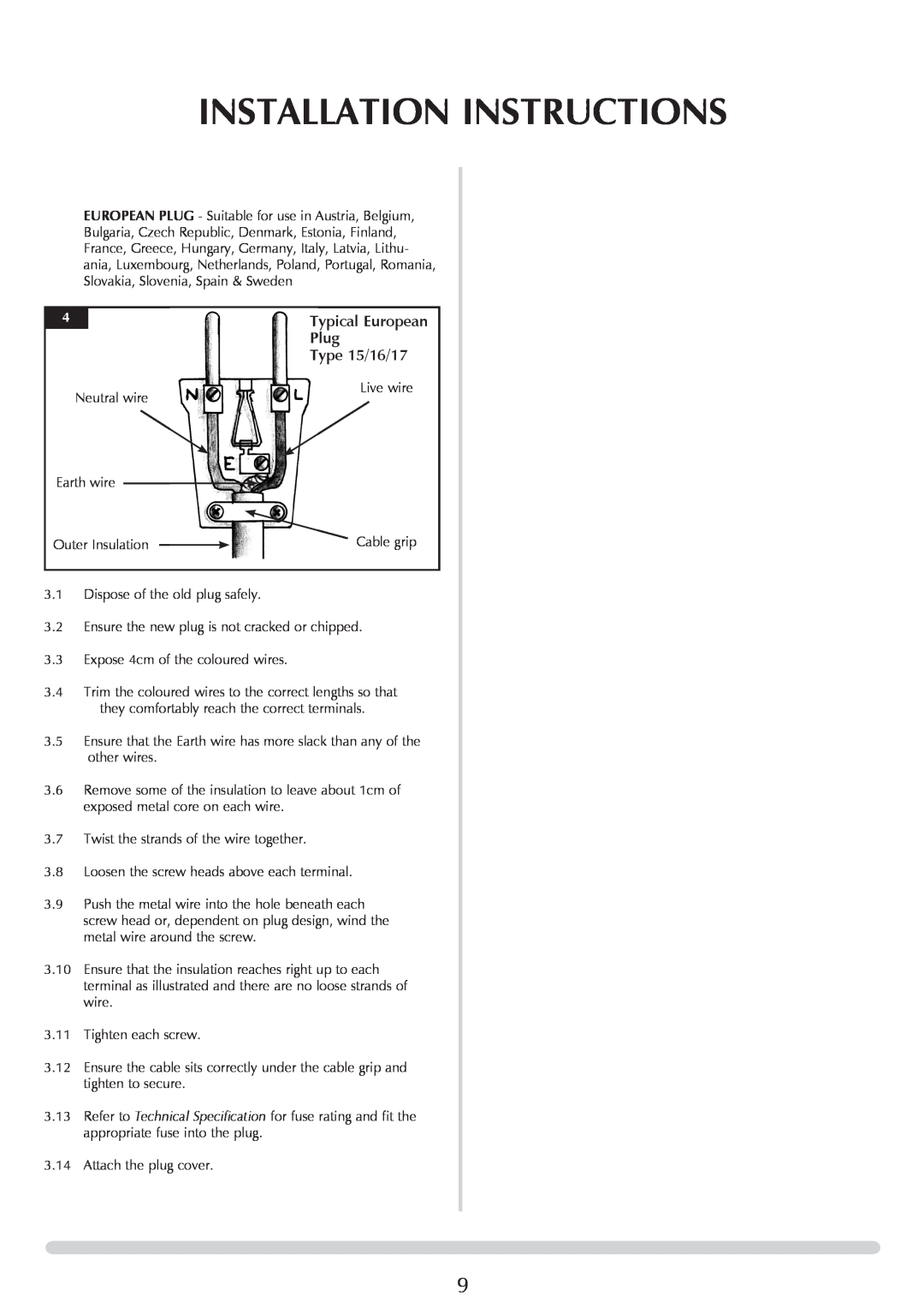 Yeoman YM-E9001FLA manual Installation Instructions, Plug, Type 15/16/17, Typical European 