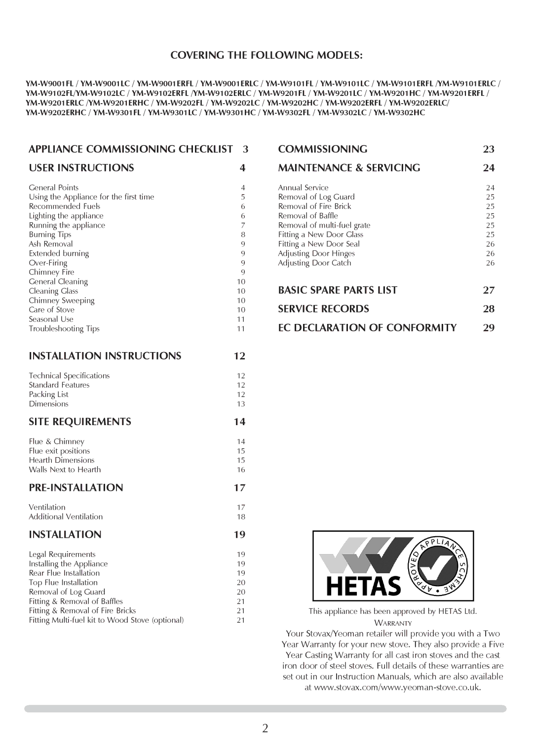 Yeoman YM-W9001FL manual Commissioning User Instructions Maintenance & Servicing, Basic Spare Parts List, Service Records 