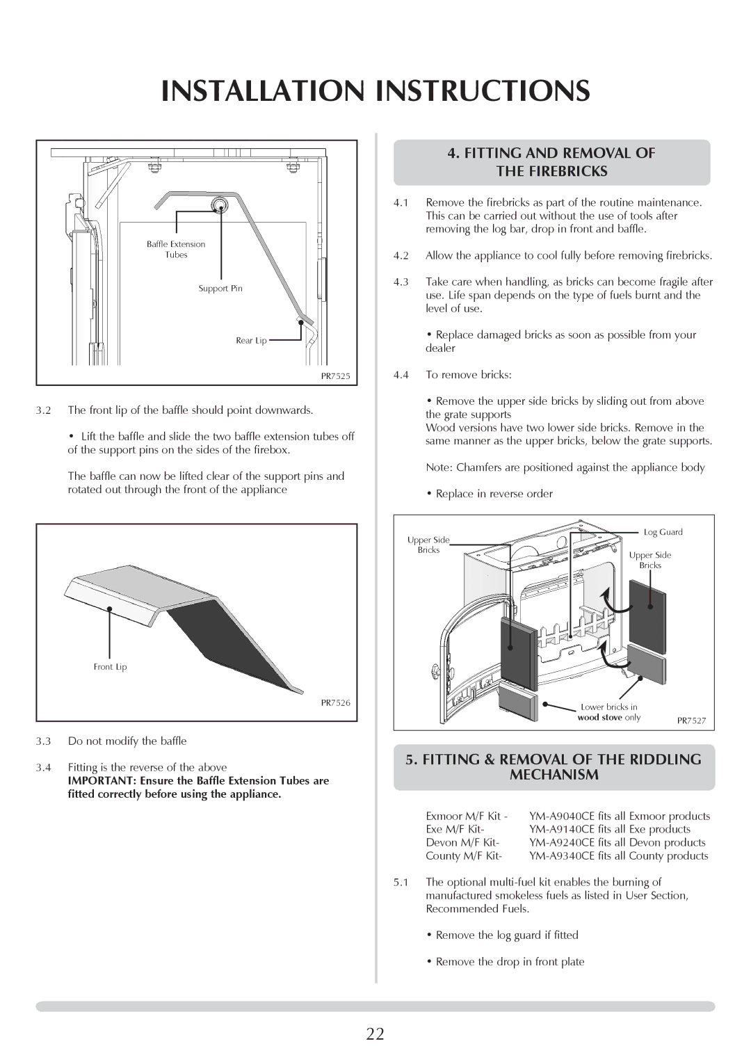 Yeoman YM-W9001FL manual Fitting and Removal of the Firebricks, Fitting & Removal of the riddling mechanism 