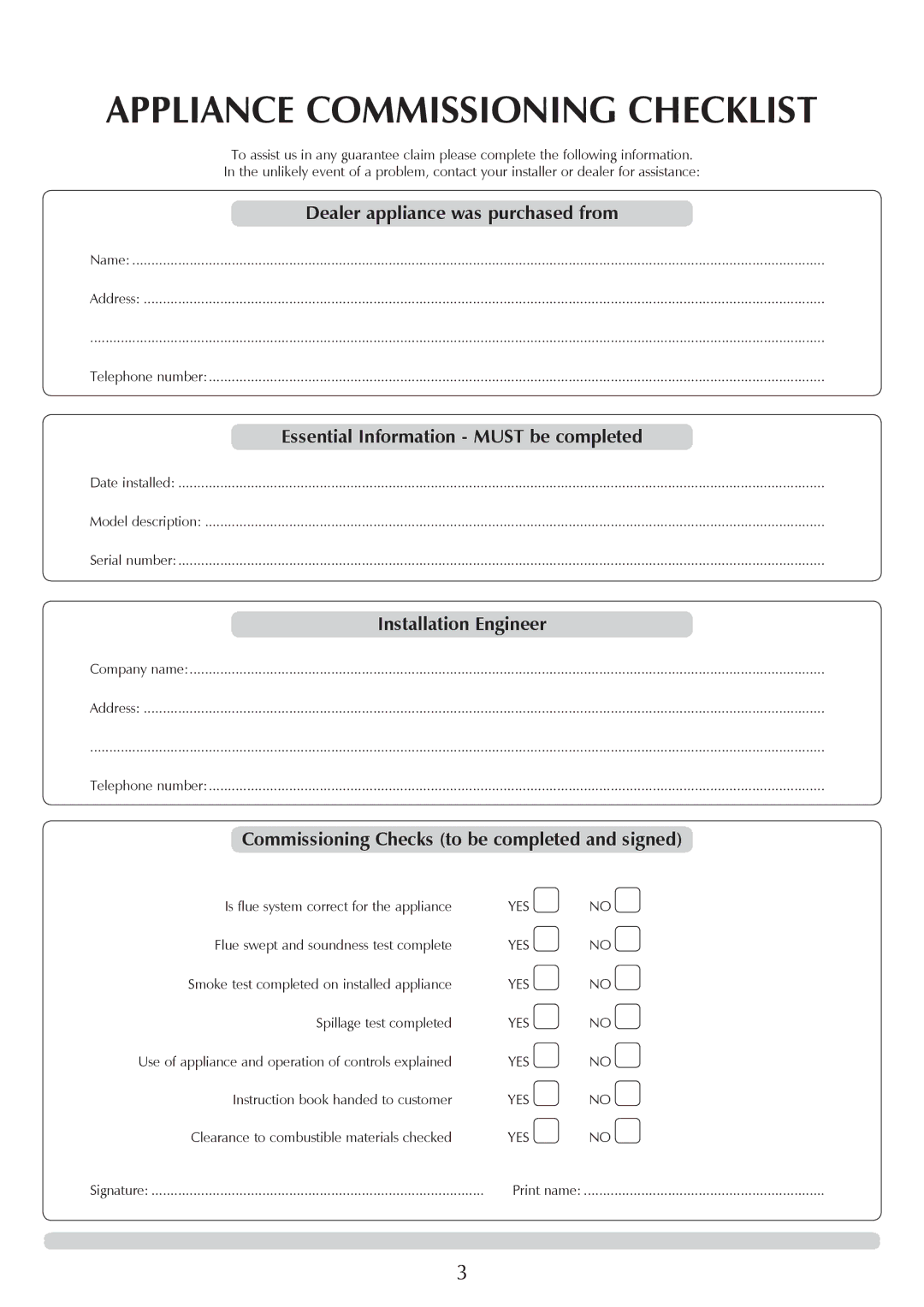 Yeoman YM-W9001FL manual Appliance Commissioning Checklist, Dealer appliance was purchased from, Installation Engineer 