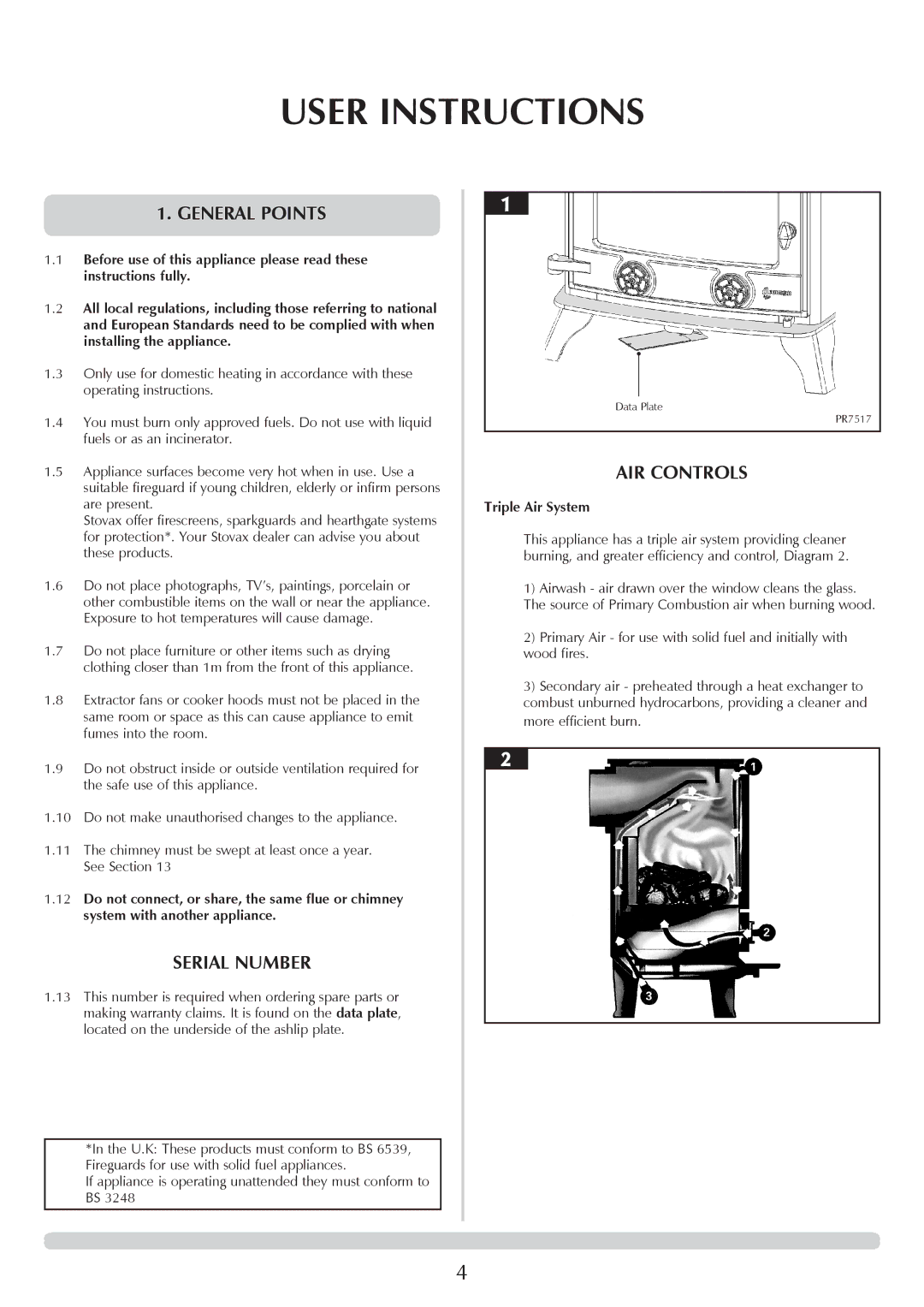 Yeoman YM-W9001FL manual User Instructions, General points, Serial Number, AIR Controls, Triple Air System 