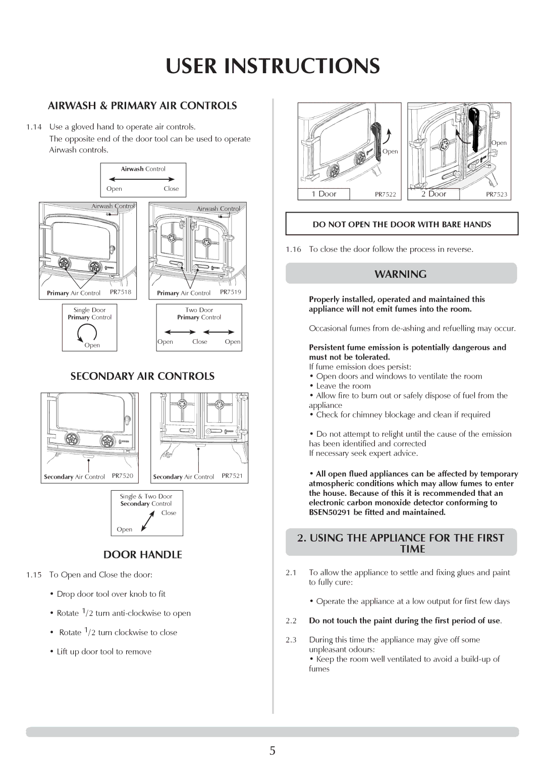 Yeoman YM-W9001FL manual Airwash & Primary AIR Controls, Secondary AIR Controls, Door Handle 