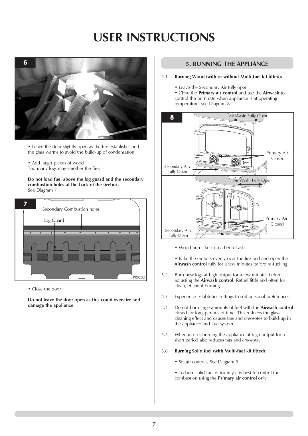 Yeoman YM-W9001FL manual Running The appliance, Burning Wood with or without Multi-fuel kit fitted 