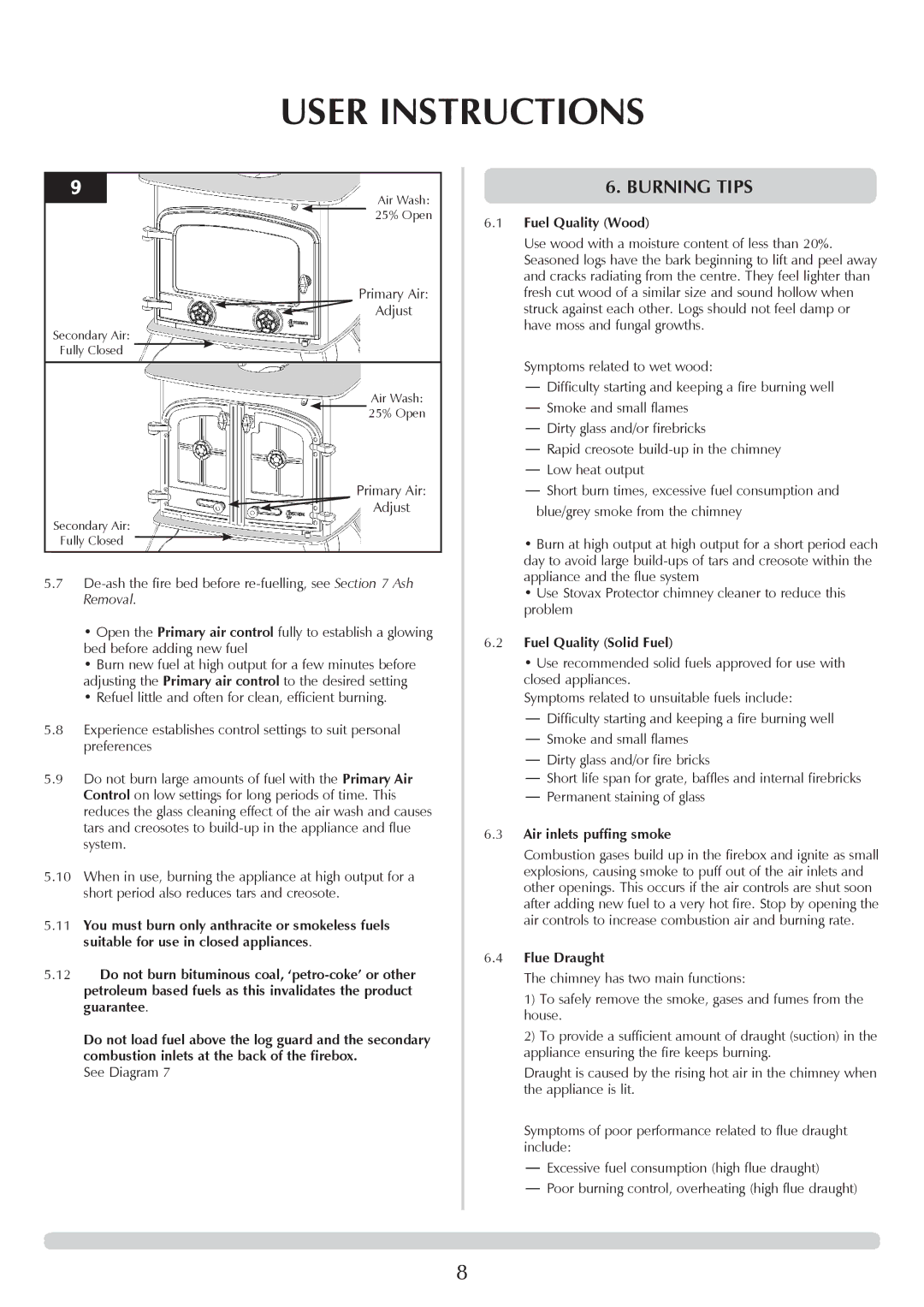 Yeoman YM-W9001FL manual Burning tips, Fuel Quality Wood, Fuel Quality Solid Fuel, Air inlets puffing smoke, Flue Draught 