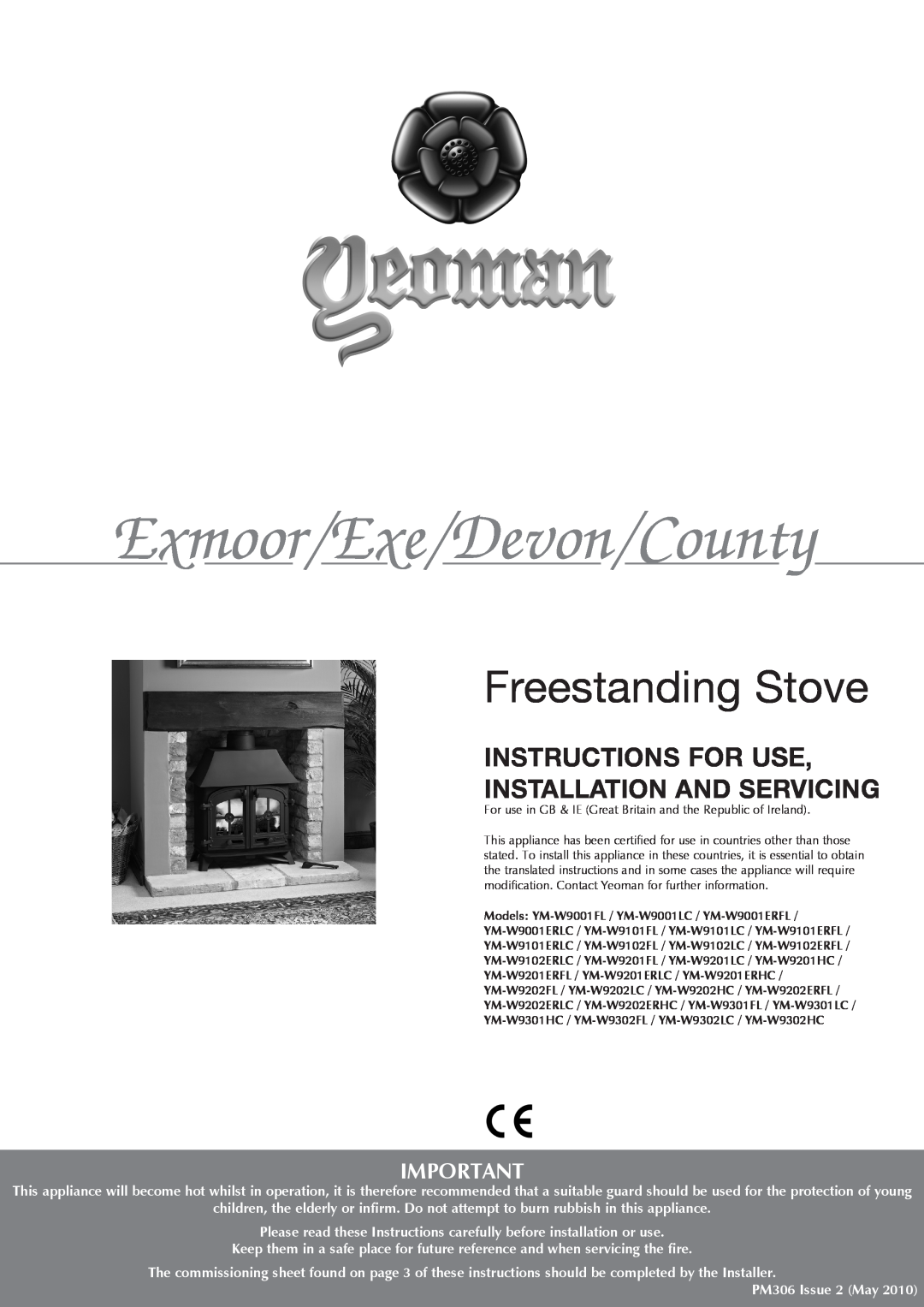 Yeoman YM-W9001FL manual Exmoor/Exe/Devon/County, Freestanding Stove, Instructions For Use Installation And Servicing 