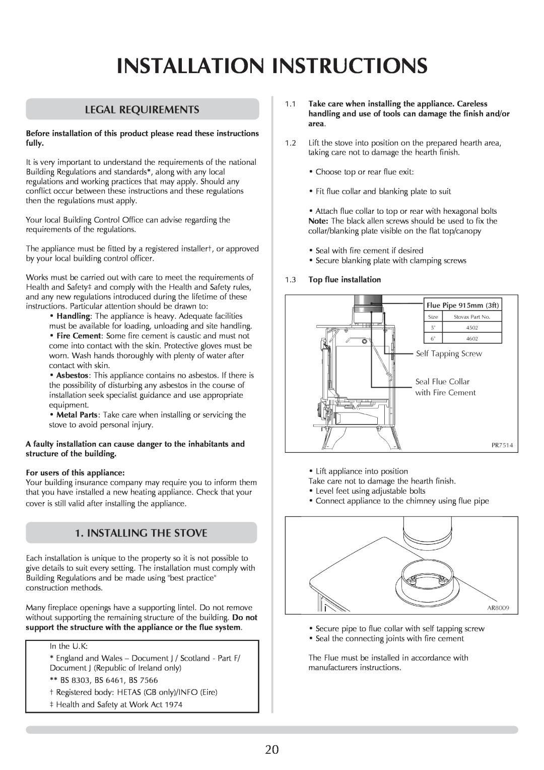 Yeoman YM-W9001FL manual Installation Instructions, Legal requirements, Installing The Stove, For users of this appliance 