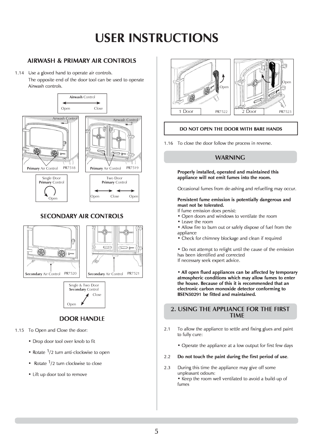Yeoman YM-W9001FL manual Airwash & Primary Air Controls, Secondary Air Controls, Door Handle, User Instructions 