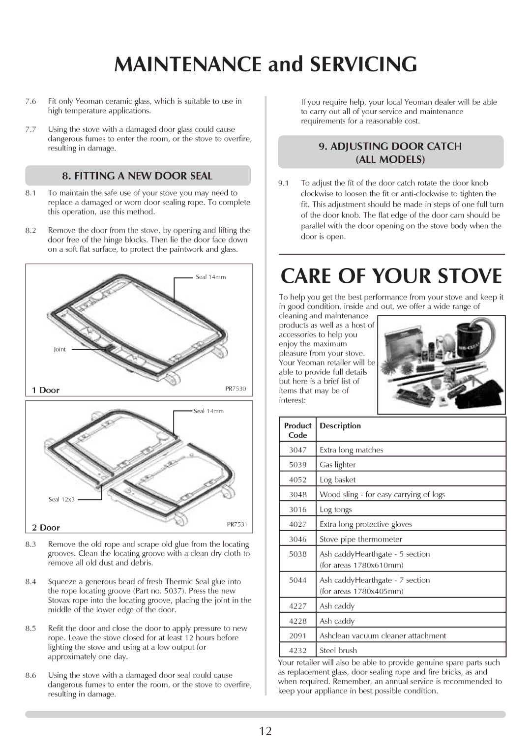 Yeoman YM-W9122FL, YM-W9121FL manual Care of Your Stove, Fitting a NEW Door Seal, Product Description 