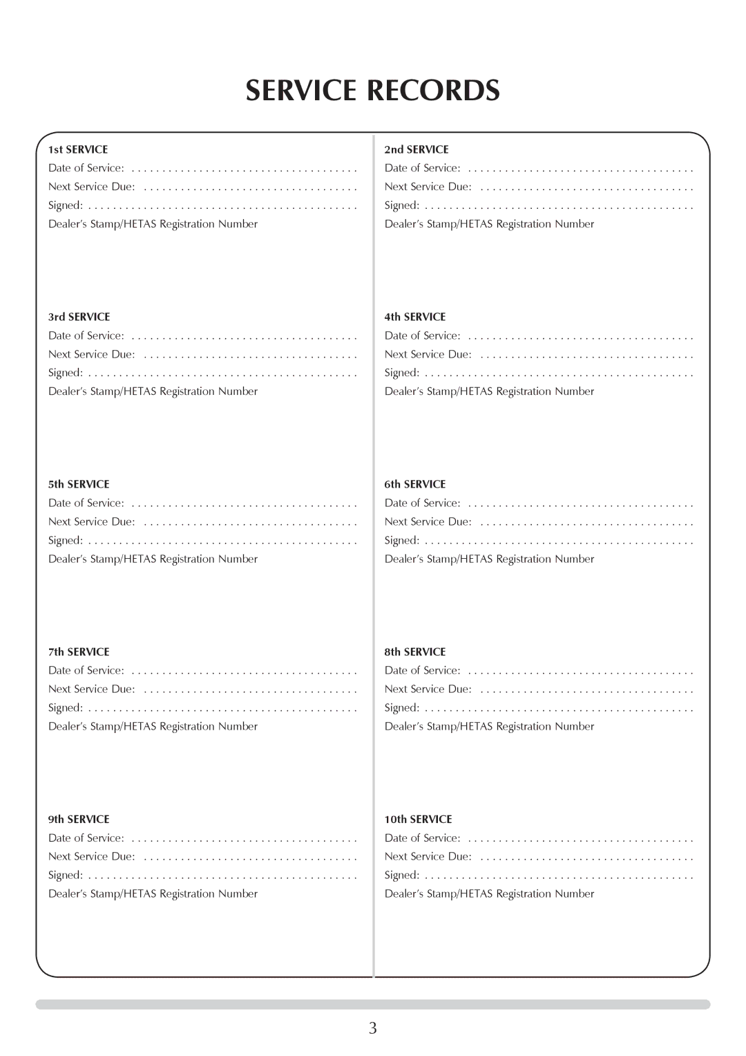 Yeoman YM-W9121FL, YM-W9122FL manual Service Records 