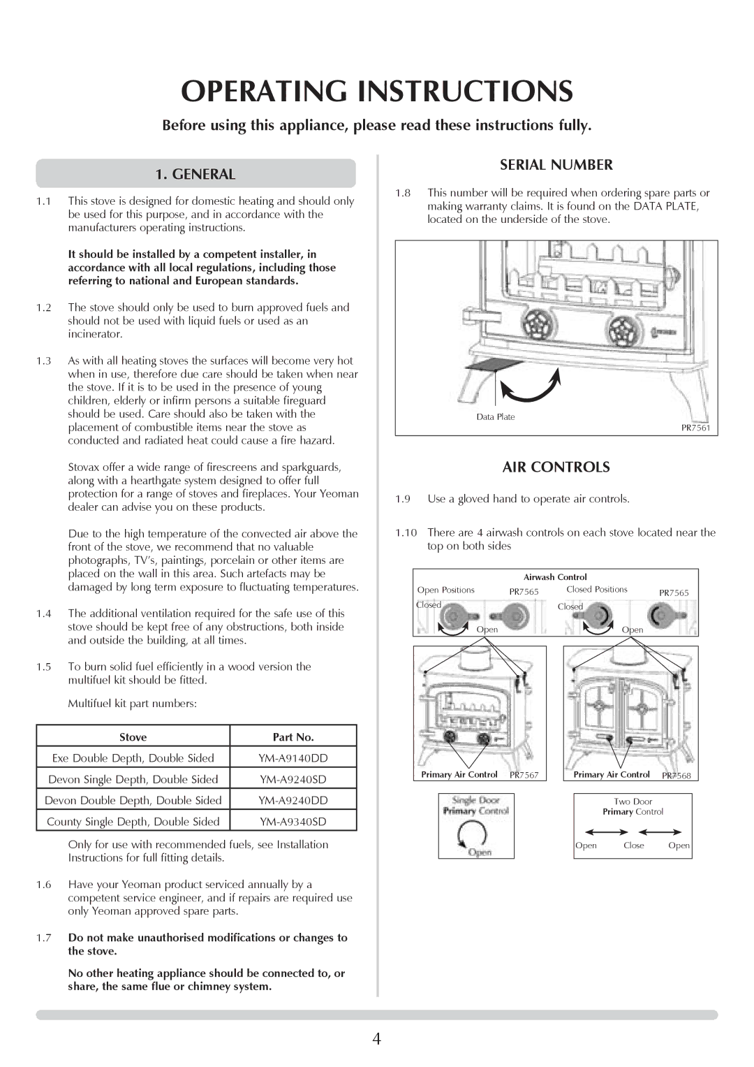 Yeoman YM-W9122FL, YM-W9121FL manual Operating Instructions, General, Serial Number, AIR Controls, Stove 