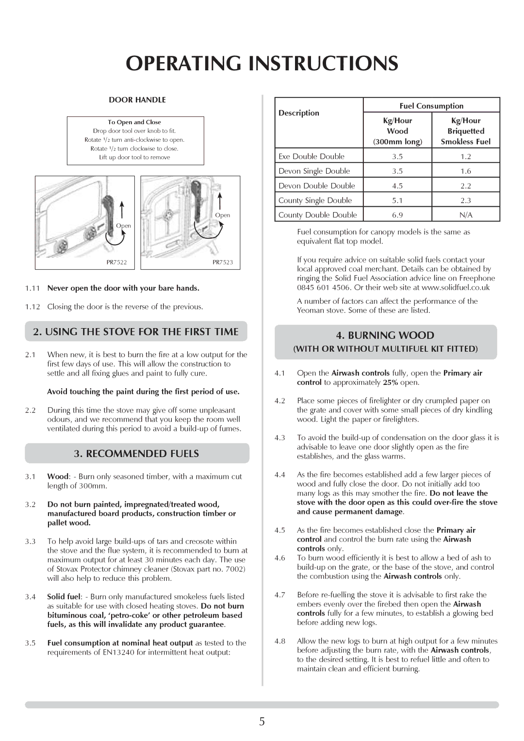 Yeoman YM-W9121FL, YM-W9122FL manual Using the Stove for the First Time, Recommended Fuels, Burning Wood 