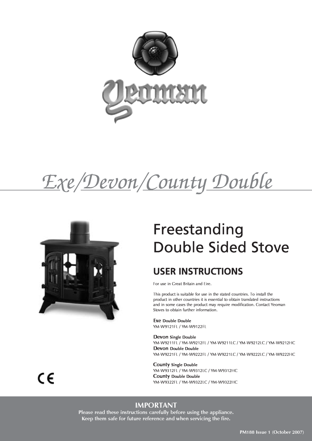 Yeoman YM-W9121FL, YM-W9122FL manual Exe/Devon/County Double, Freestanding Double Sided Stove, User Instructions 
