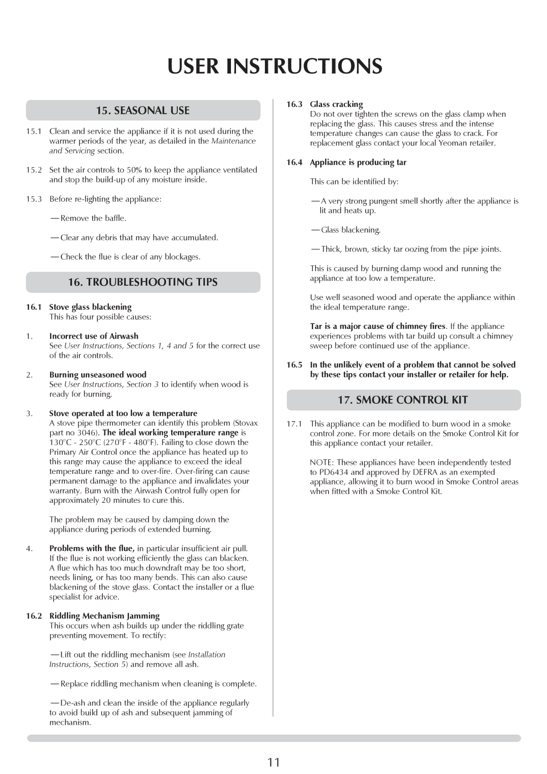 Yeoman YMMB manual Seasonal use, Troubleshooting tips, Smoke Control kit 