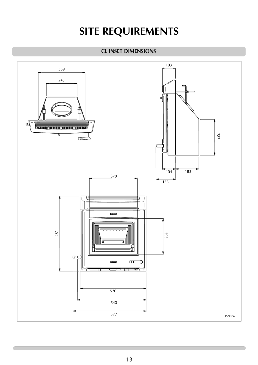 Yeoman YMMB manual Site Requirements, CL Inset Dimensions, 103 369 243 282 104 379 156 281 593 520 