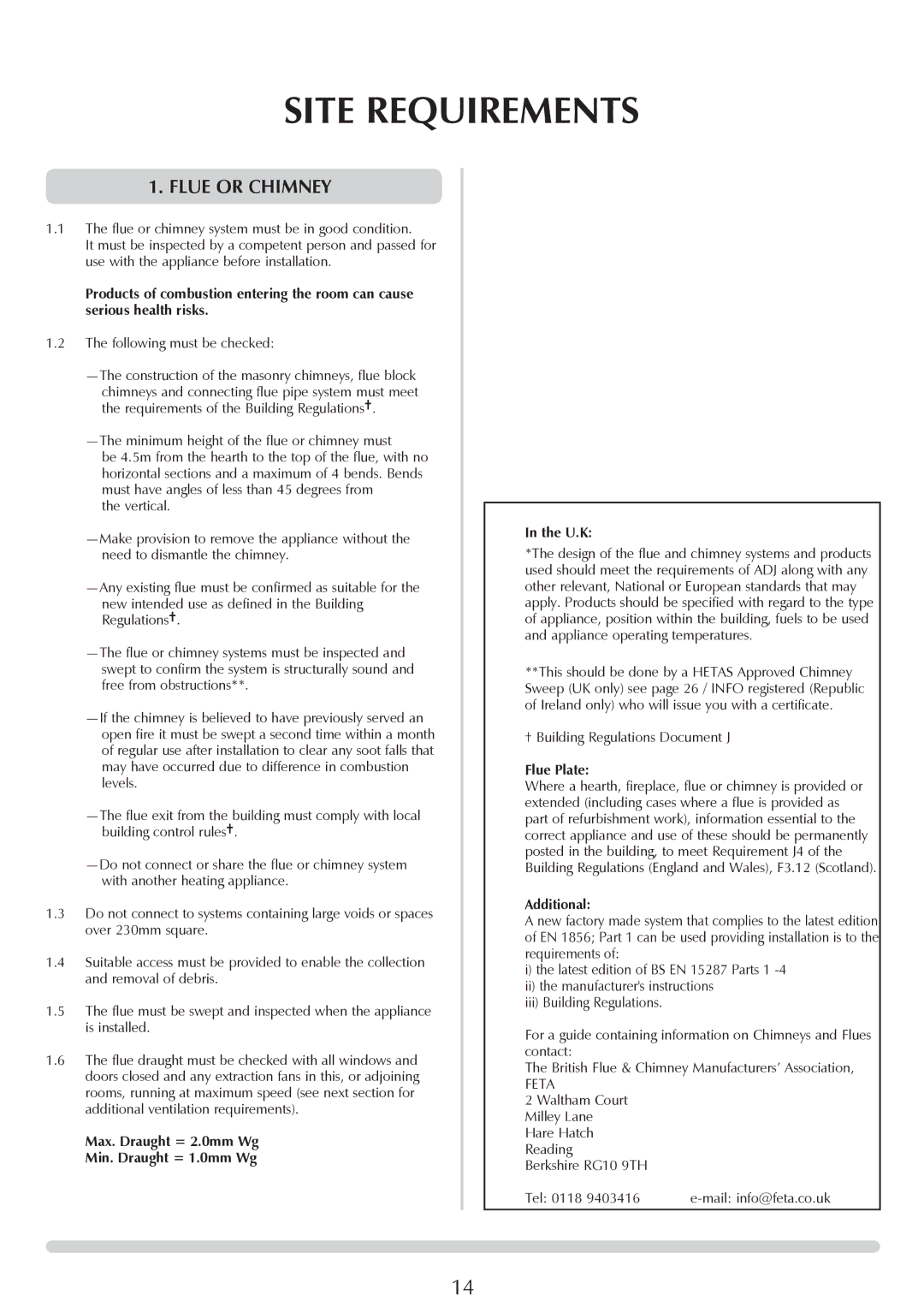 Yeoman YMMB manual Flue or Chimney, Max. Draught = 2.0mm Wg Min. Draught = 1.0mm Wg U.K, Flue Plate, Additional 