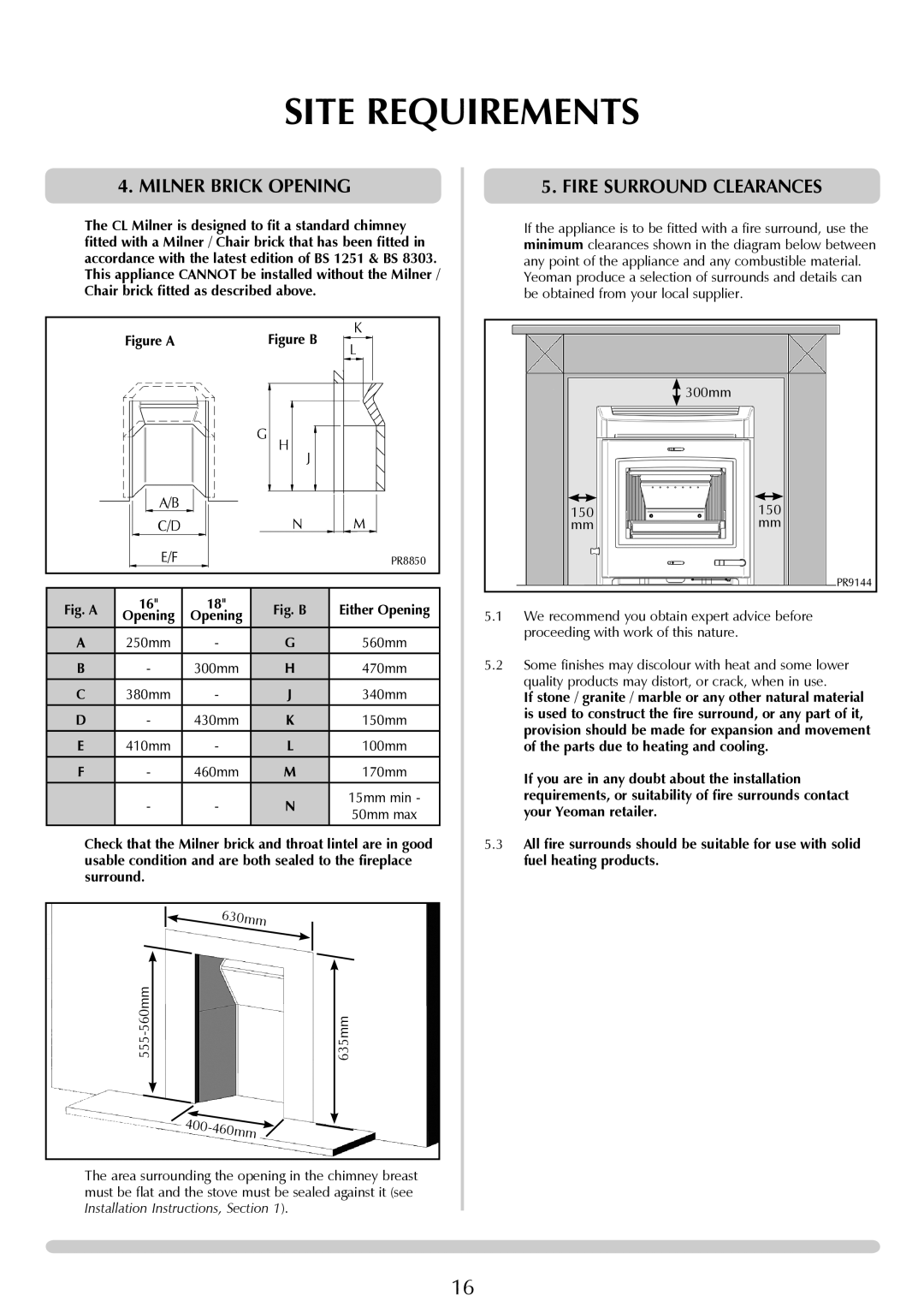 Yeoman YMMB manual Milner Brick Opening, Fire surround clearances, 555-560mm, 635mm 