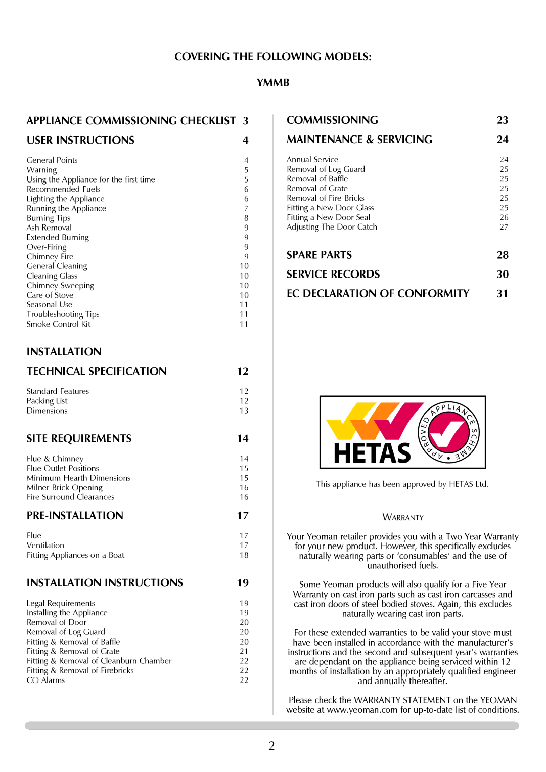 Yeoman YMMB manual Ymmb Appliance Commissioning Checklist User Instructions, Installation Technical Specification 