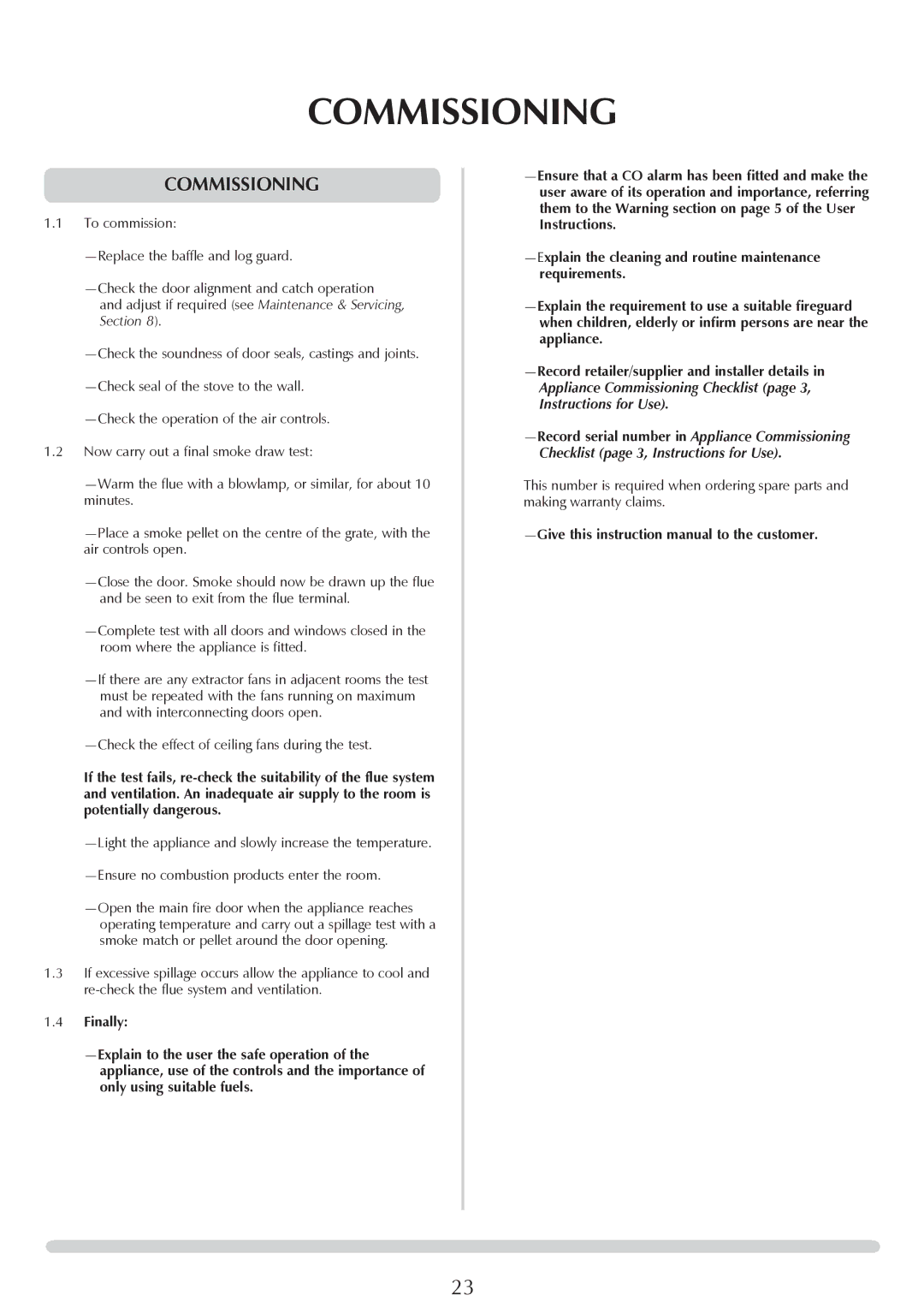 Yeoman YMMB manual Record serial number in Appliance Commissioning 