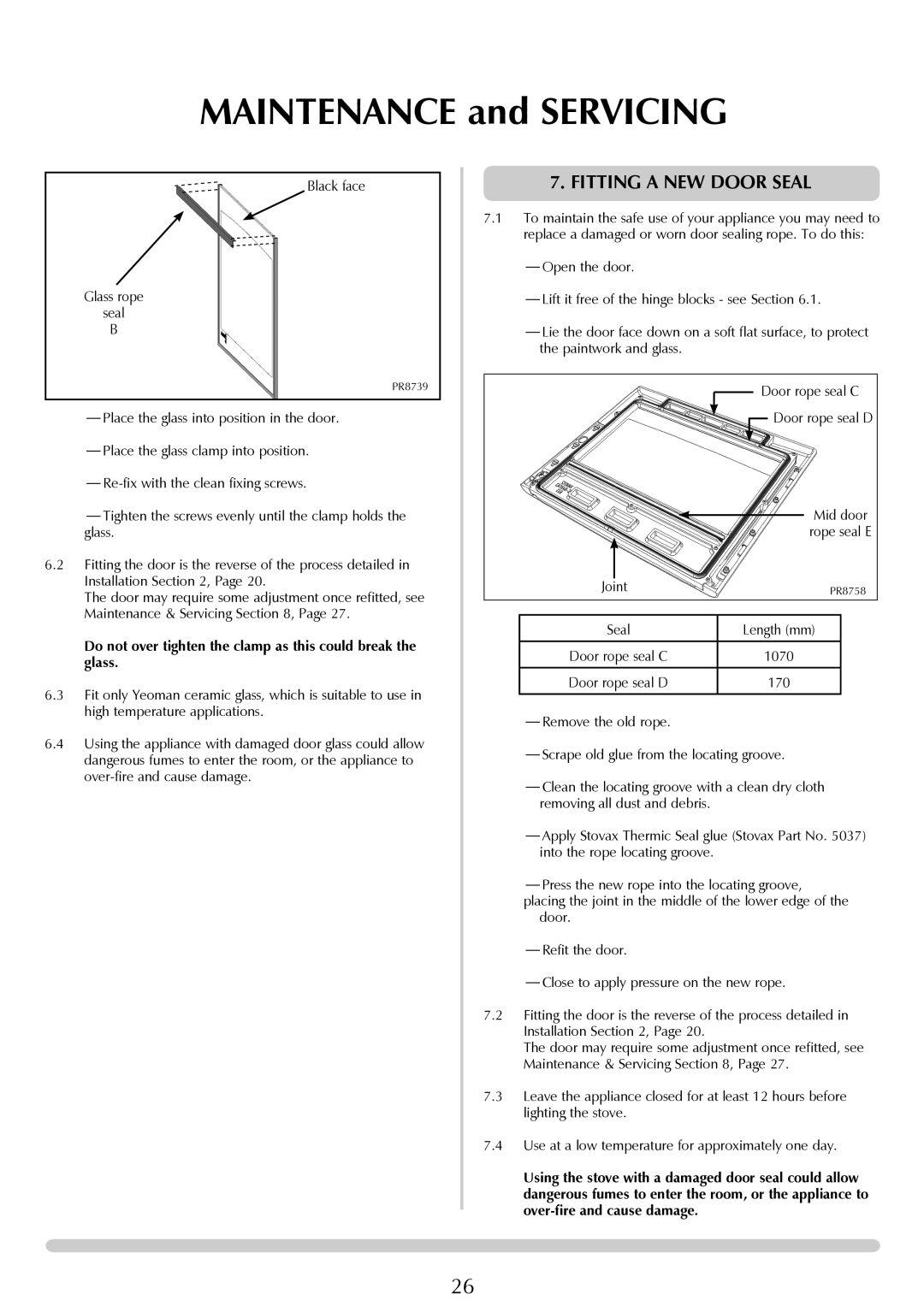 Yeoman YMMB manual Fitting a new door seal, Black face Glass rope Seal, Joint, 1070 