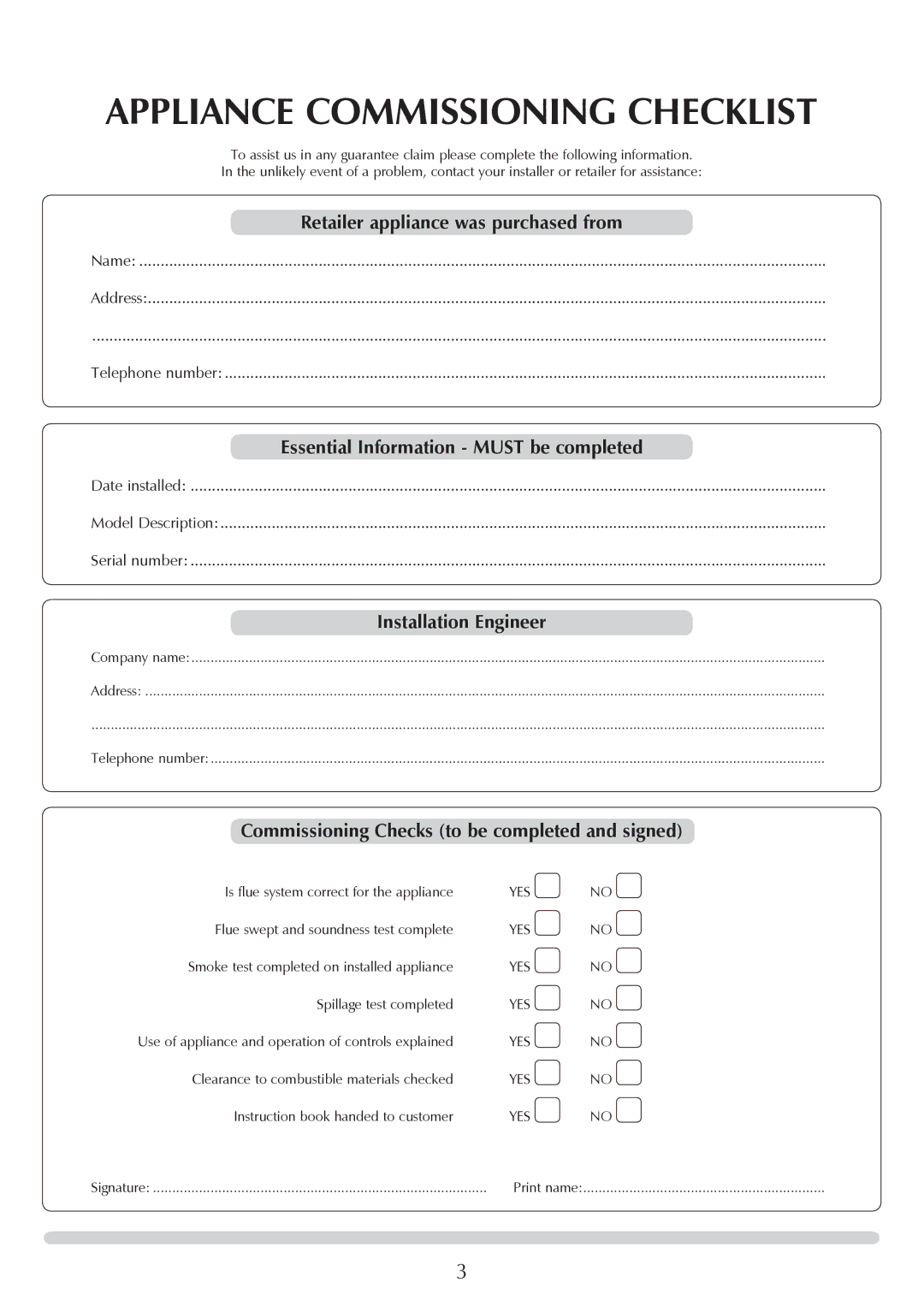 Yeoman YMMB manual Appliance Commissioning Checklist, Retailer appliance was purchased from, Installation Engineer 