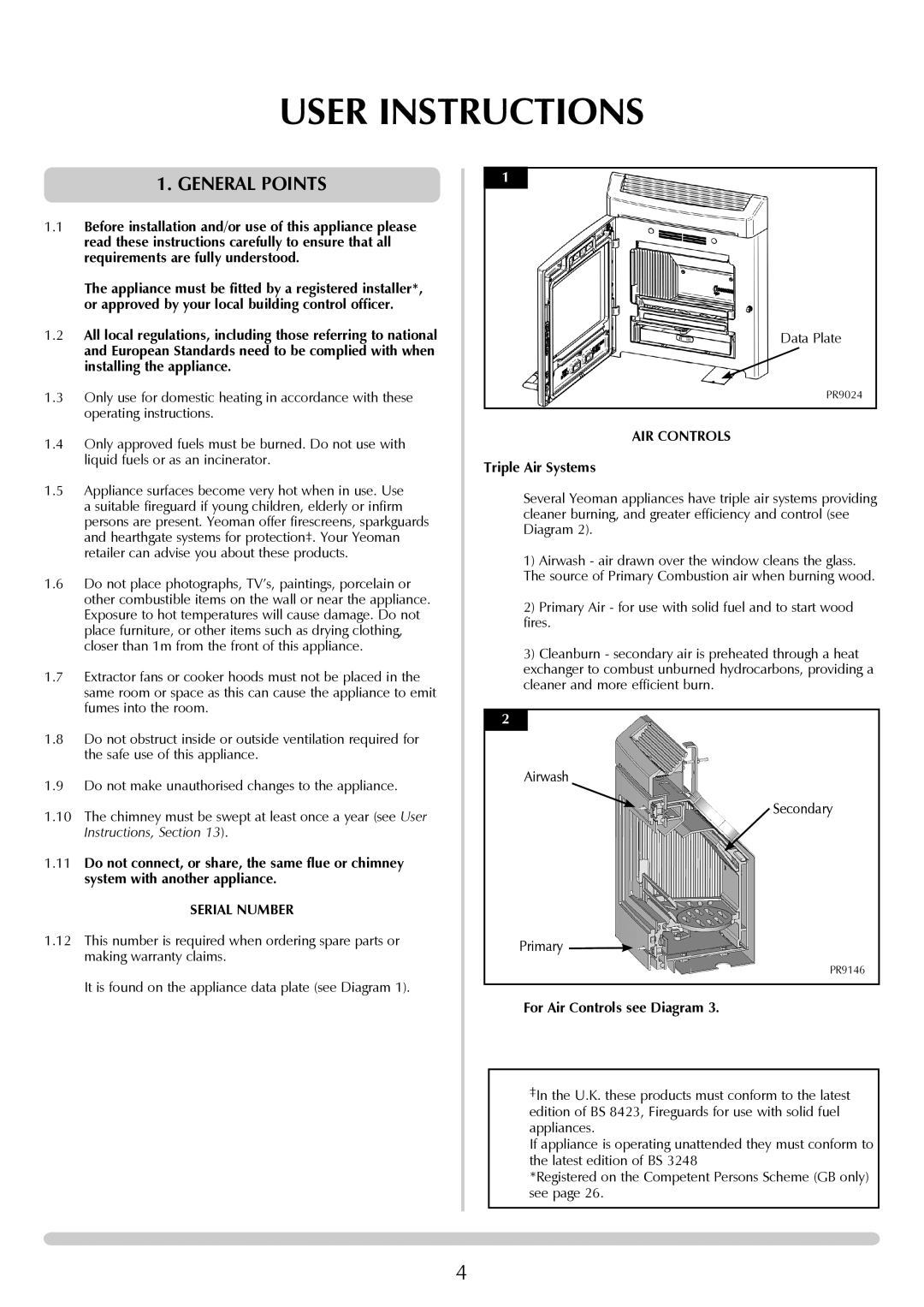 Yeoman YMMB manual User Instructions, General Points, Triple Air Systems, For Air Controls see Diagram 