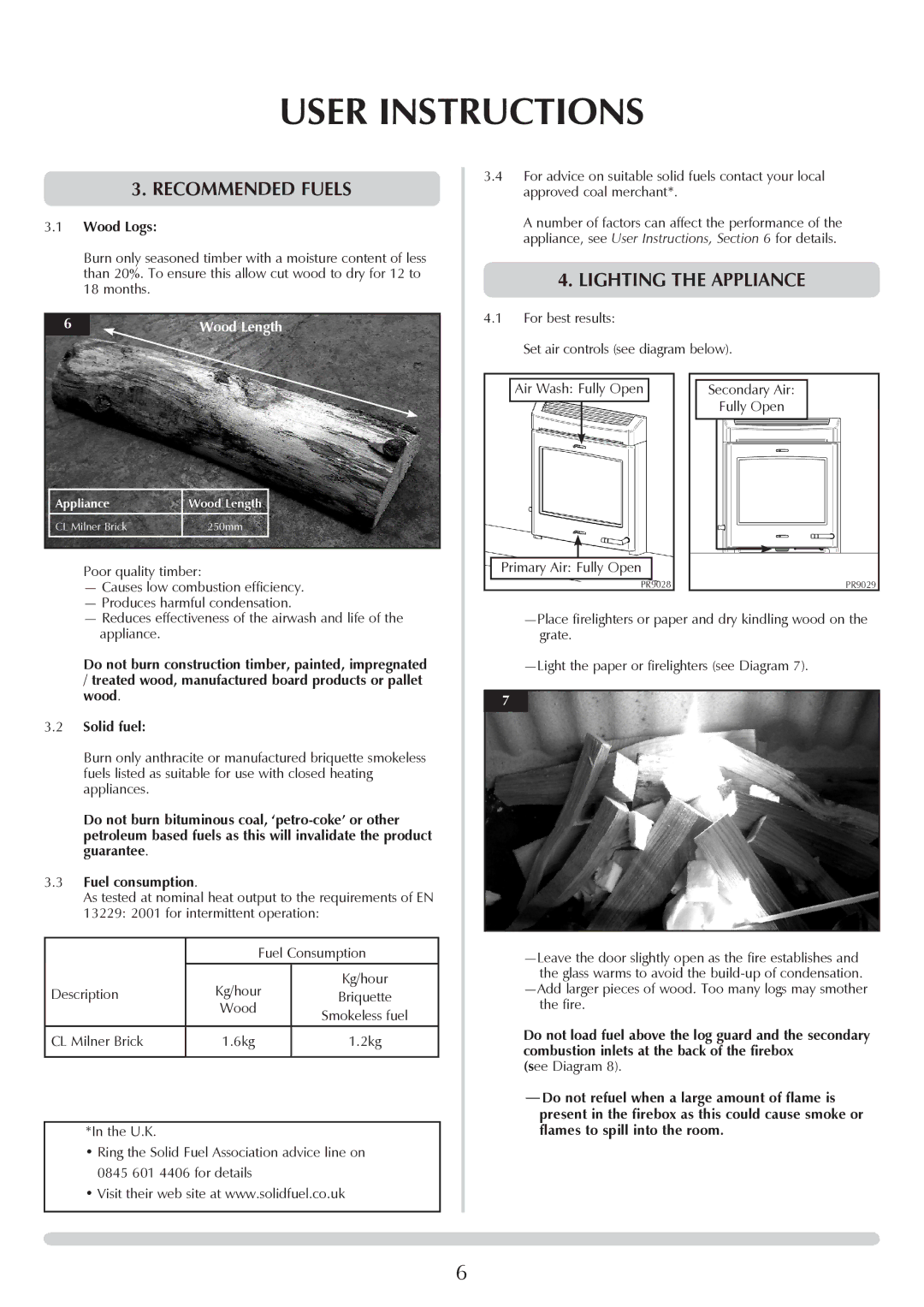 Yeoman YMMB manual Recommended Fuels, Lighting The appliance, Wood Logs 