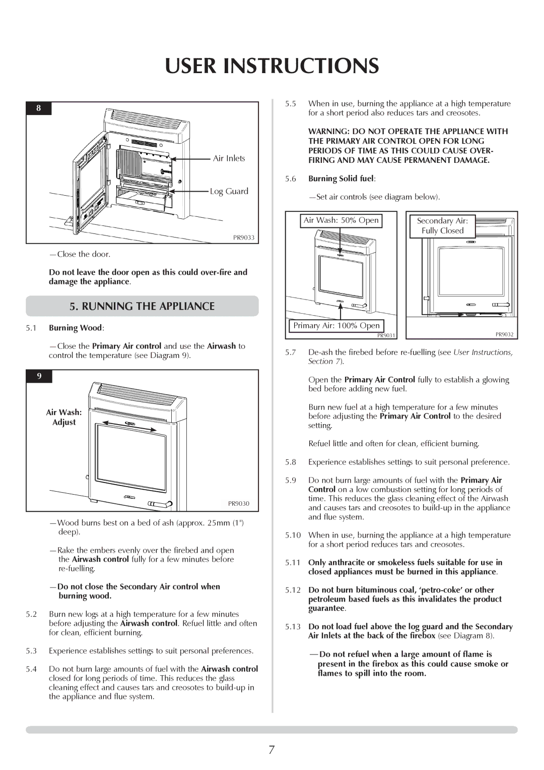 Yeoman YMMB manual Running The appliance, Burning Solid fuel, Burning Wood, Air Wash Adjust 