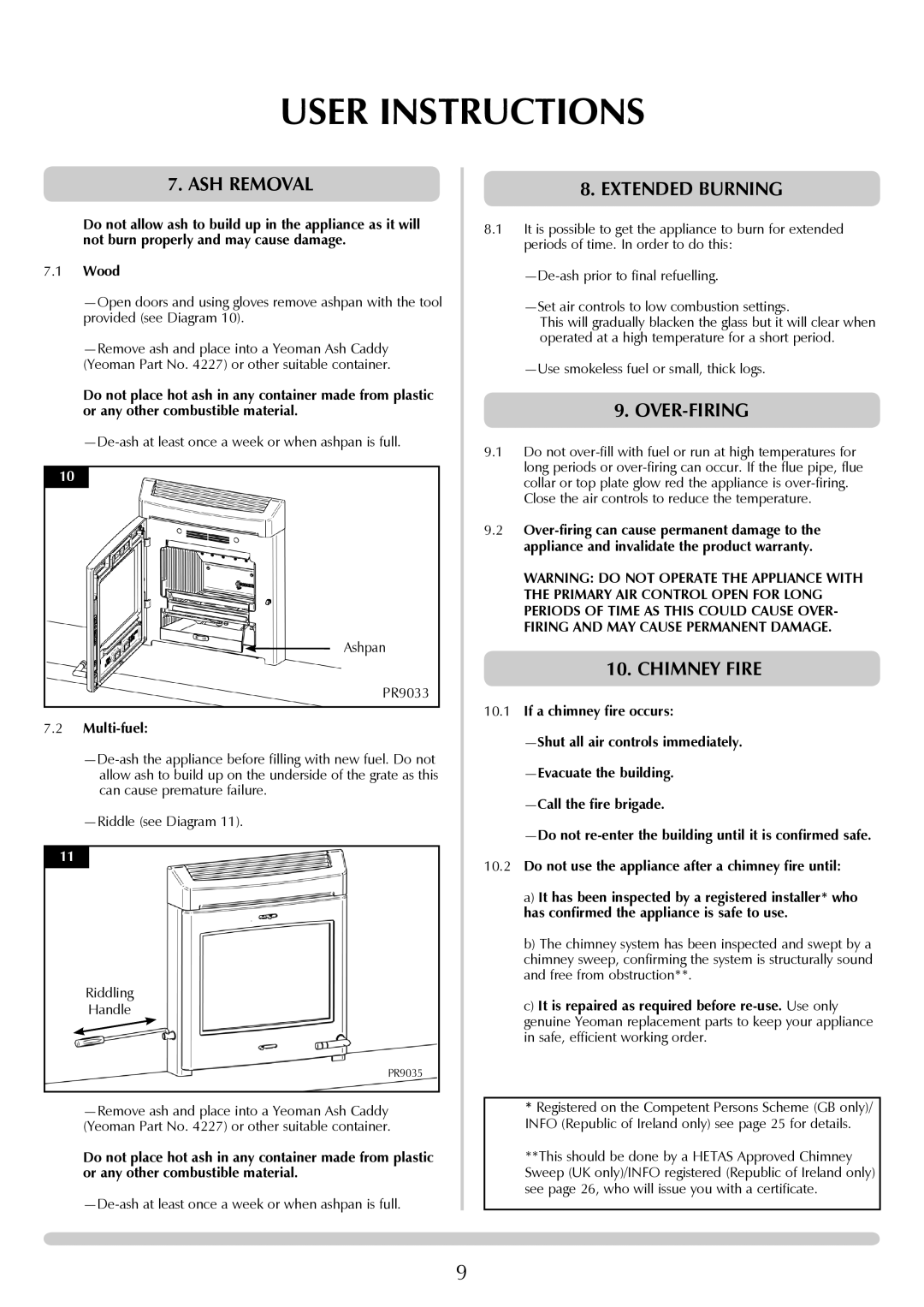 Yeoman YMMB manual ASH Removal, Extended burning, Over-Firing, Chimney fire, Multi-fuel 