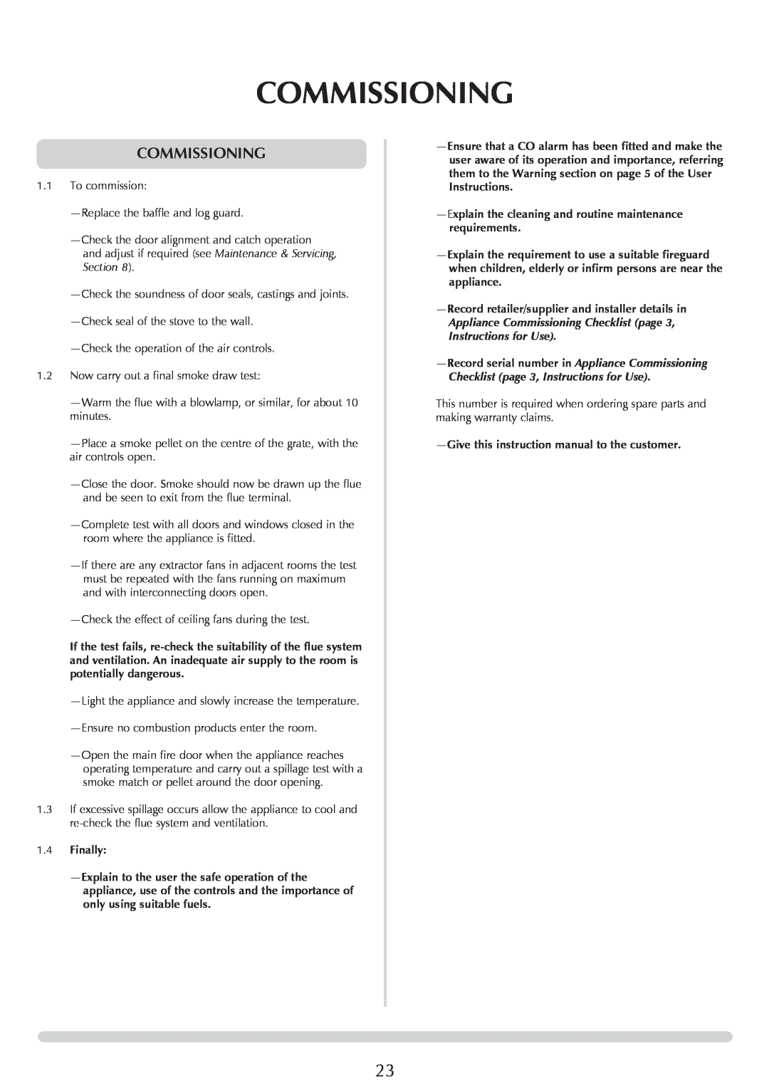 Yeoman YMMB manual Commissioning, Checklist page 3, Instructions for Use 
