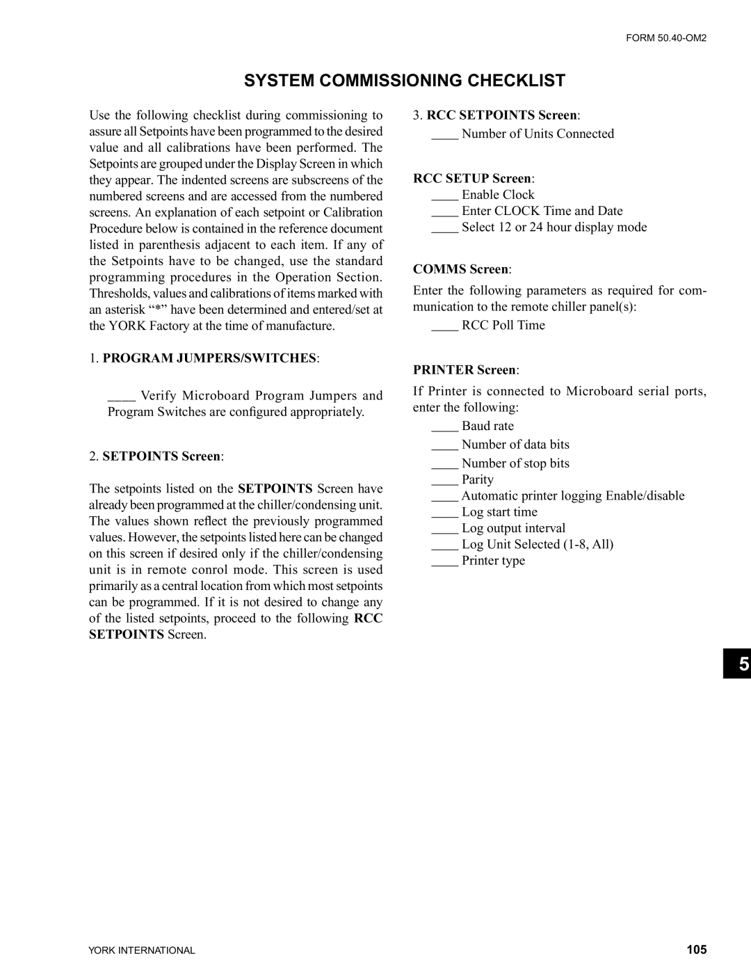 York 00497VIP manual System Commissioning Checklist 