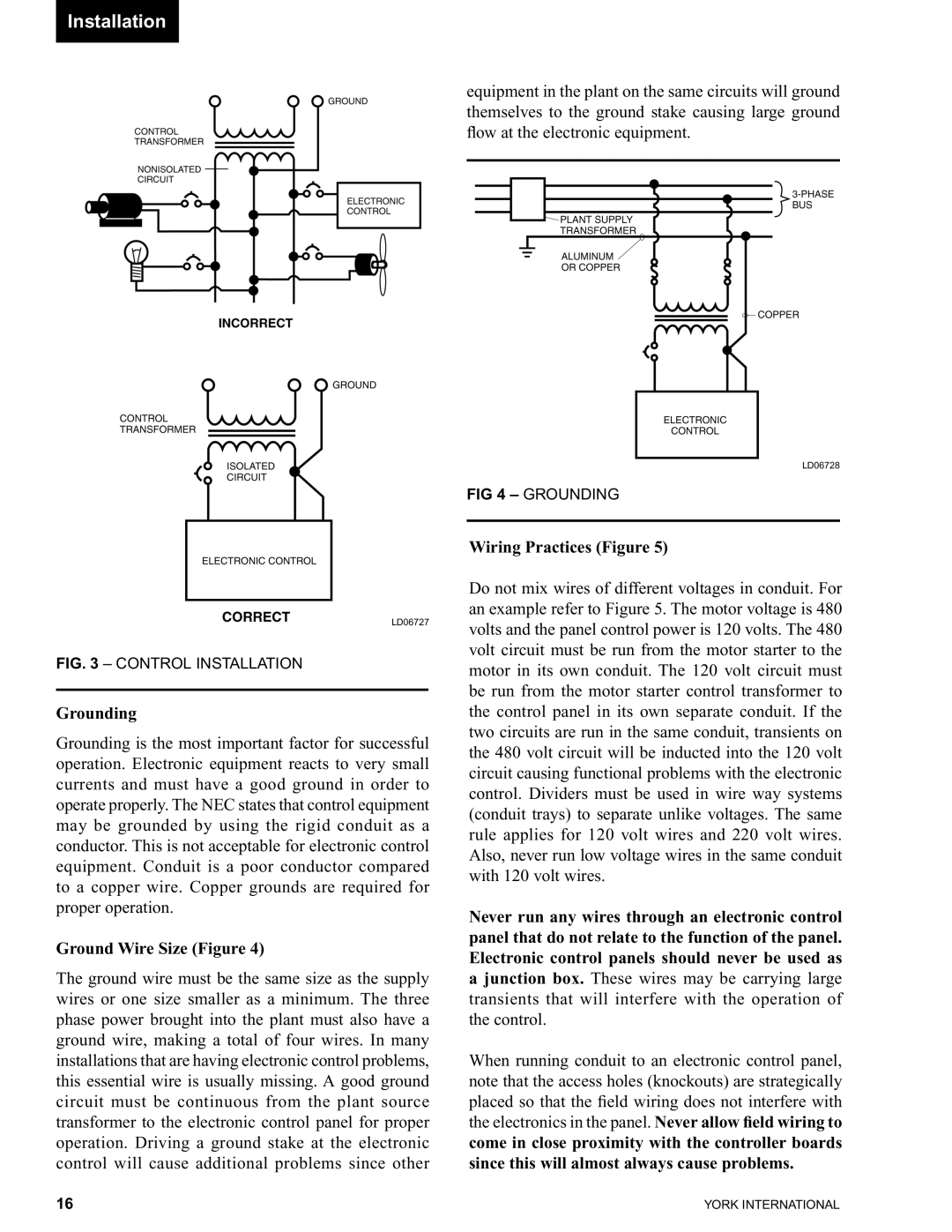 York 00497VIP manual Grounding, Ground Wire Size Figure, Wiring Practices Figure 