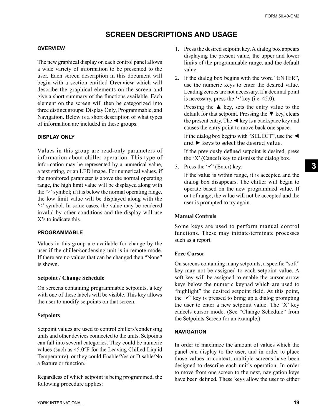 York 00497VIP manual Screen Descriptions and Usage, Setpoint / Change Schedule, Setpoints, Manual Controls, Free Cursor 