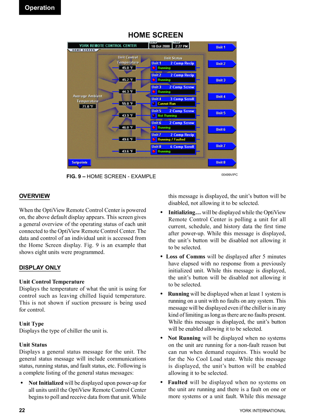 York 00497VIP manual Home Screen, Unit Control Temperature, Unit Type, Unit Status 