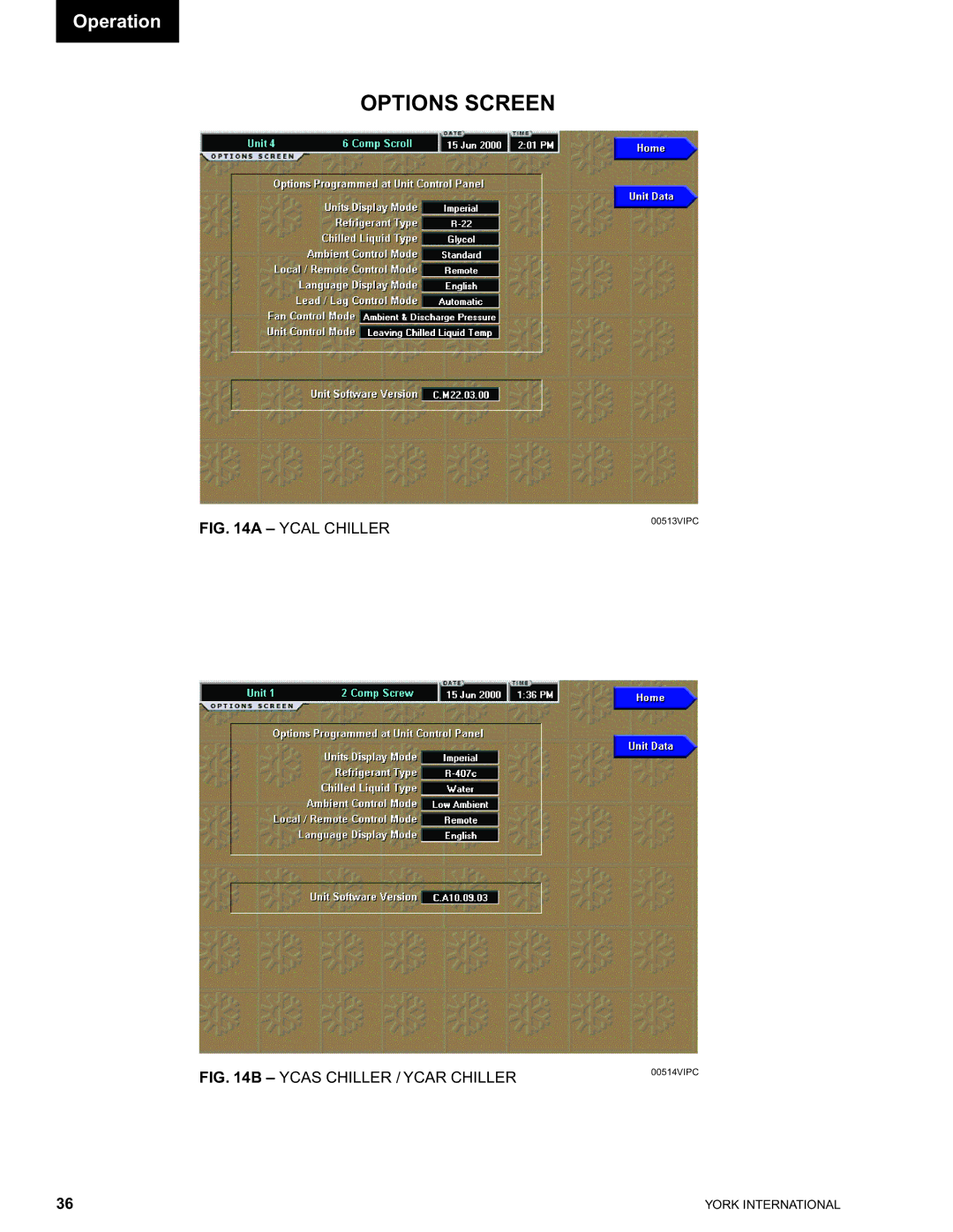 York 00497VIP manual Options Screen, Ycas Chiller / Ycar Chiller 
