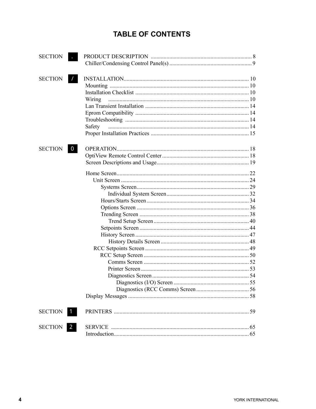 York 00497VIP manual Table of Contents 