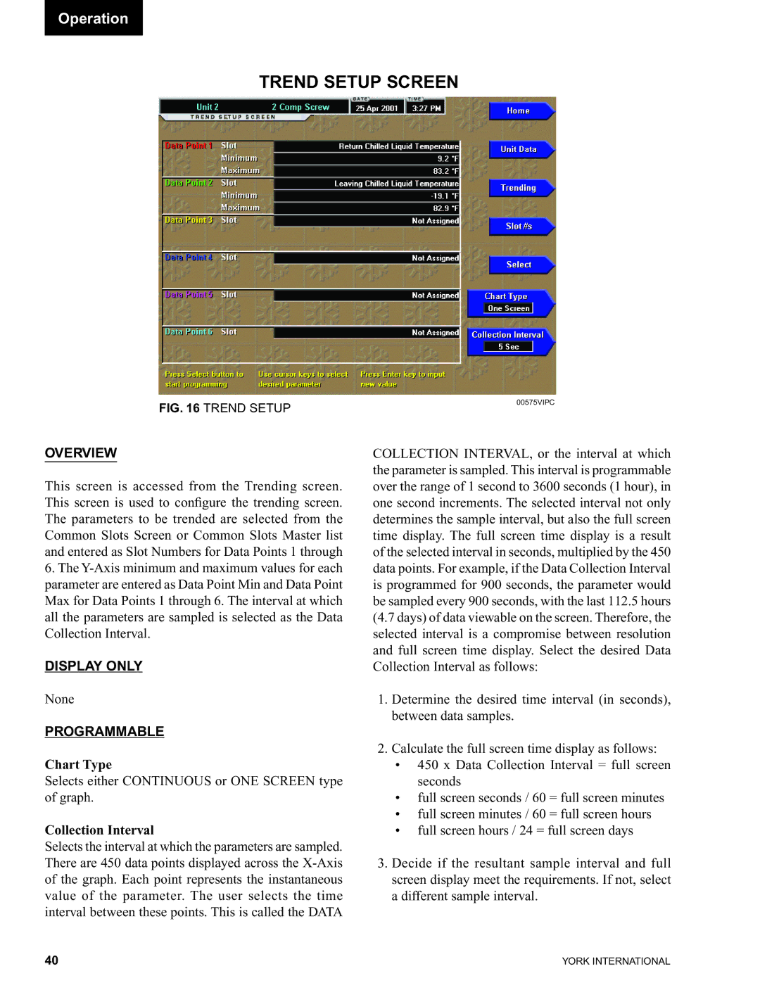 York 00497VIP manual Trend Setup Screen, Chart Type, Collection Interval 