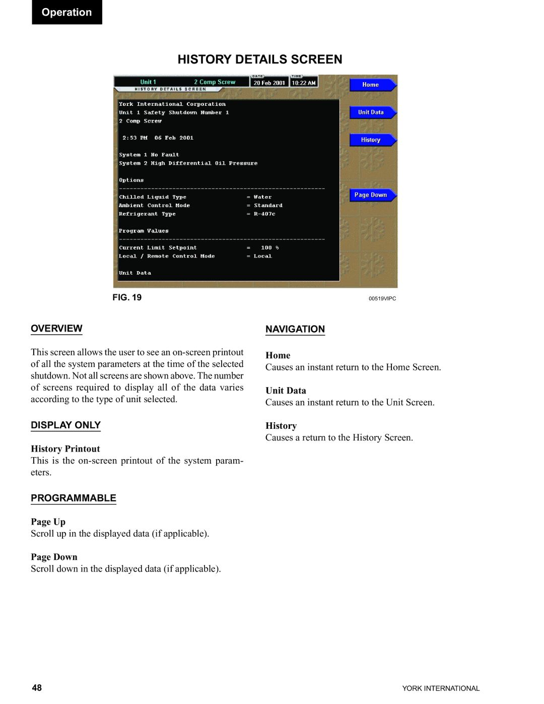 York 00497VIP manual History Details Screen, History Printout, Down 