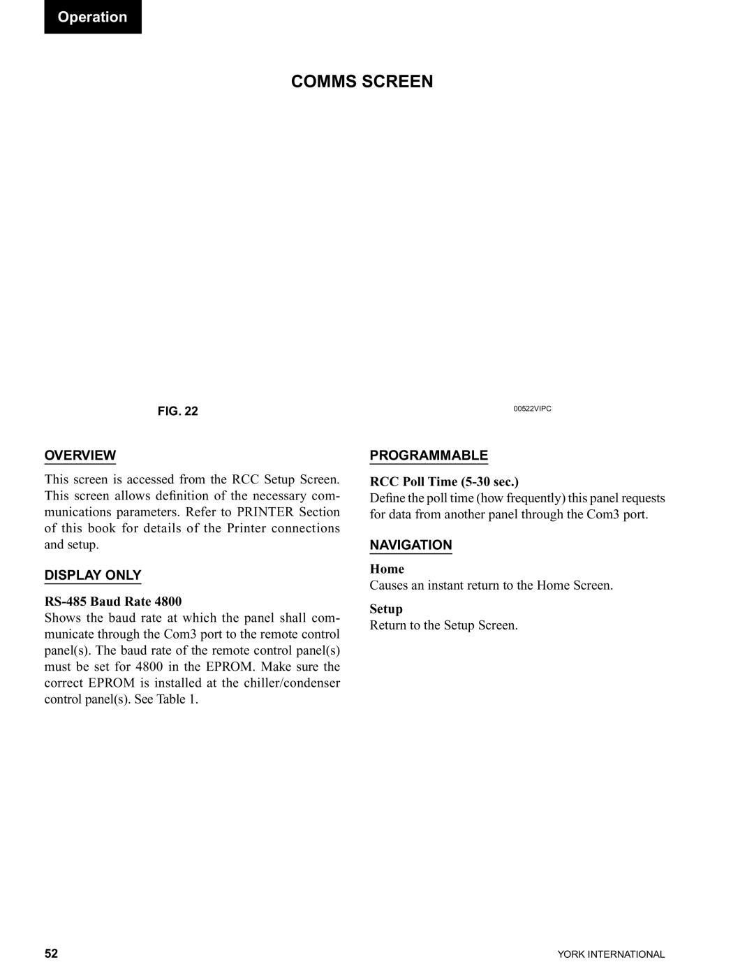 York 00497VIP manual Comms Screen, RS-485 Baud Rate, RCC Poll Time 5-30 sec 