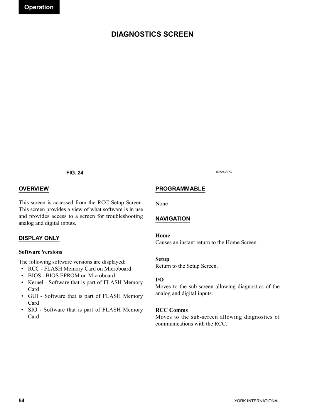 York 00497VIP manual Diagnostics Screen, Software Versions, RCC Comms 