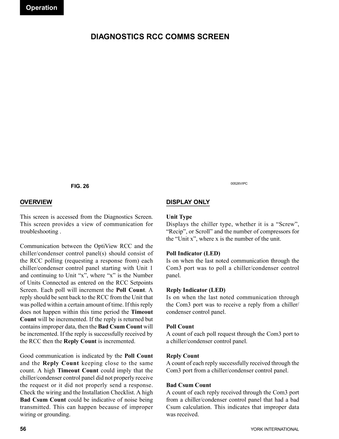 York 00497VIP manual Diagnostics RCC Comms Screen 