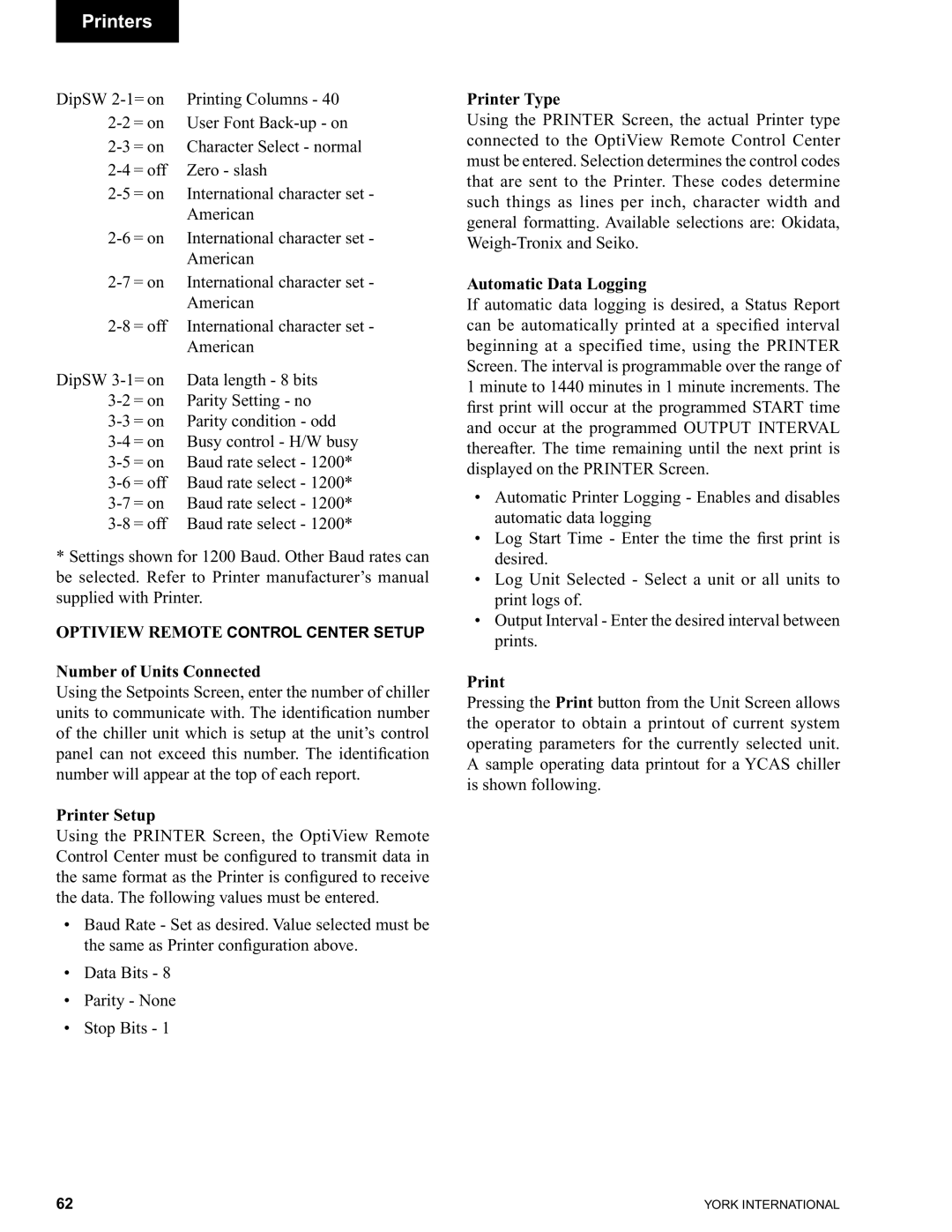 York 00497VIP manual Printer Setup, Automatic Data Logging 