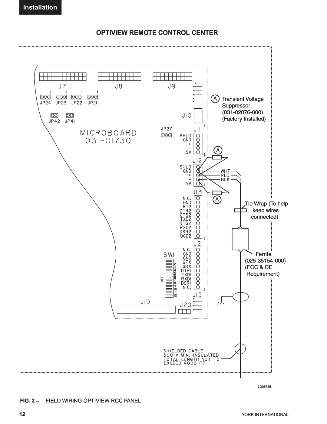 York 00497VIP manual Optiview Remote Control Center, Installation, A Transient Voltage Suppressor, LD06725 