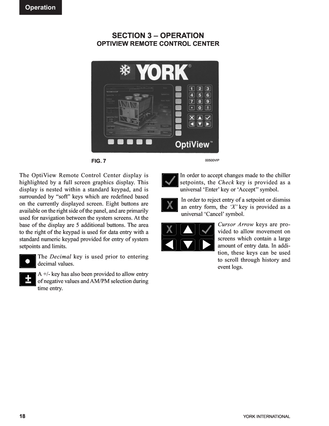 York 00497VIP manual Operation, Optiview Remote Control Center 