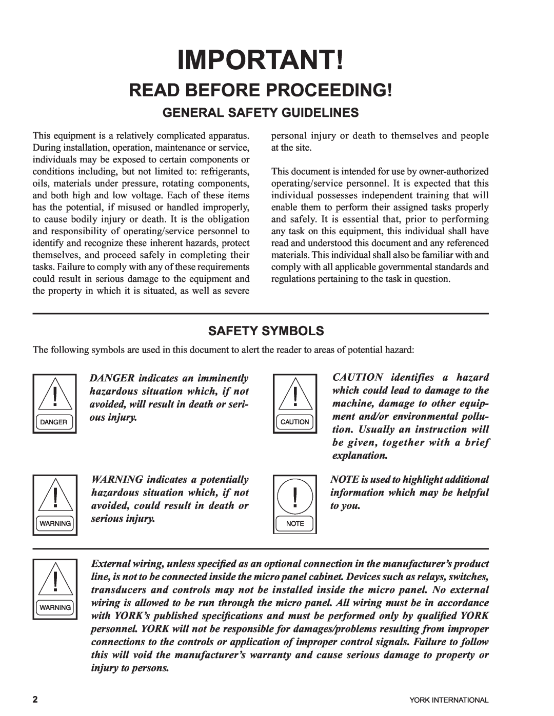 York 00497VIP manual General Safety Guidelines, Safety Symbols, Read Before Proceeding 