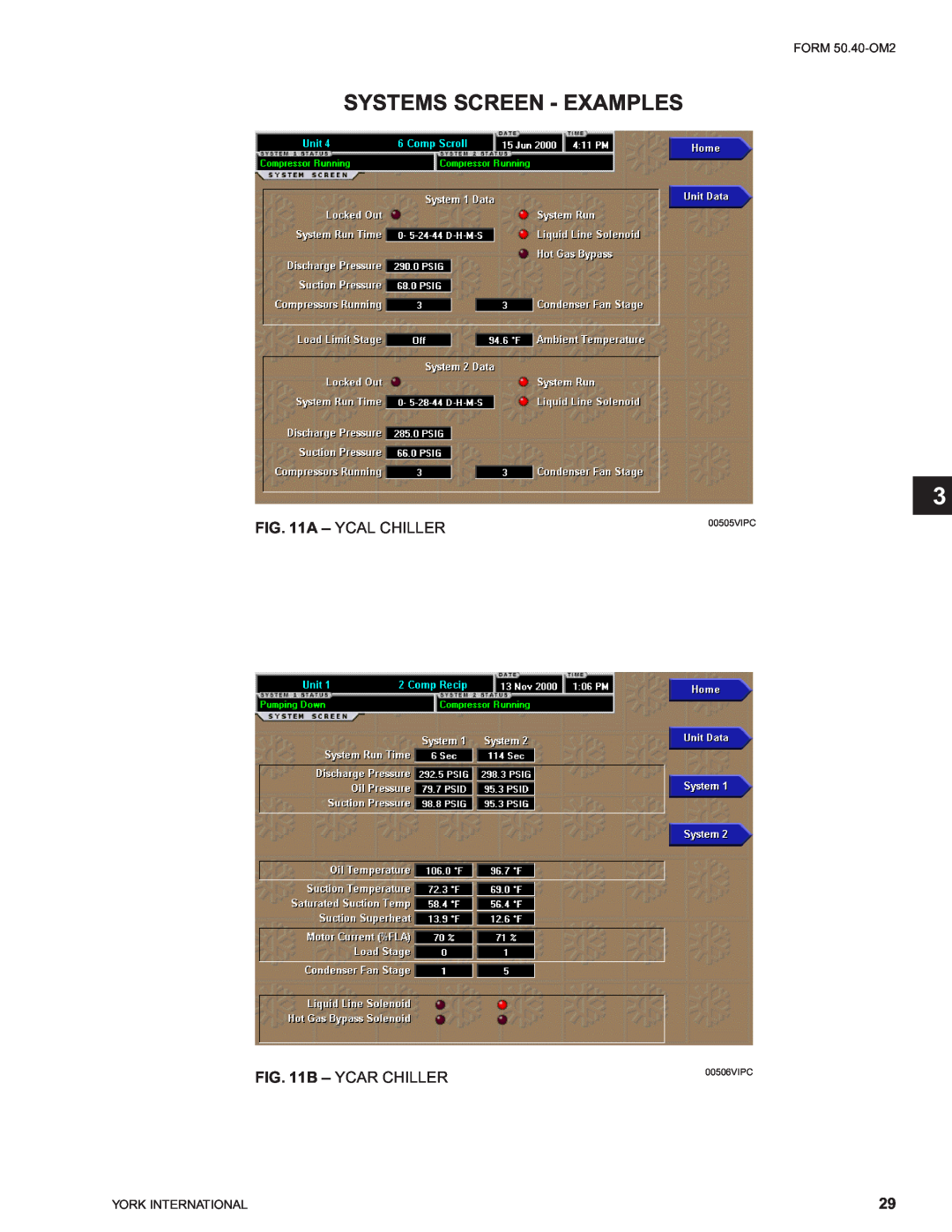 York 00497VIP manual Systems Screen - Examples, A – Ycal Chiller, B – Ycar Chiller, 00505VIPC, 00506VIPC 