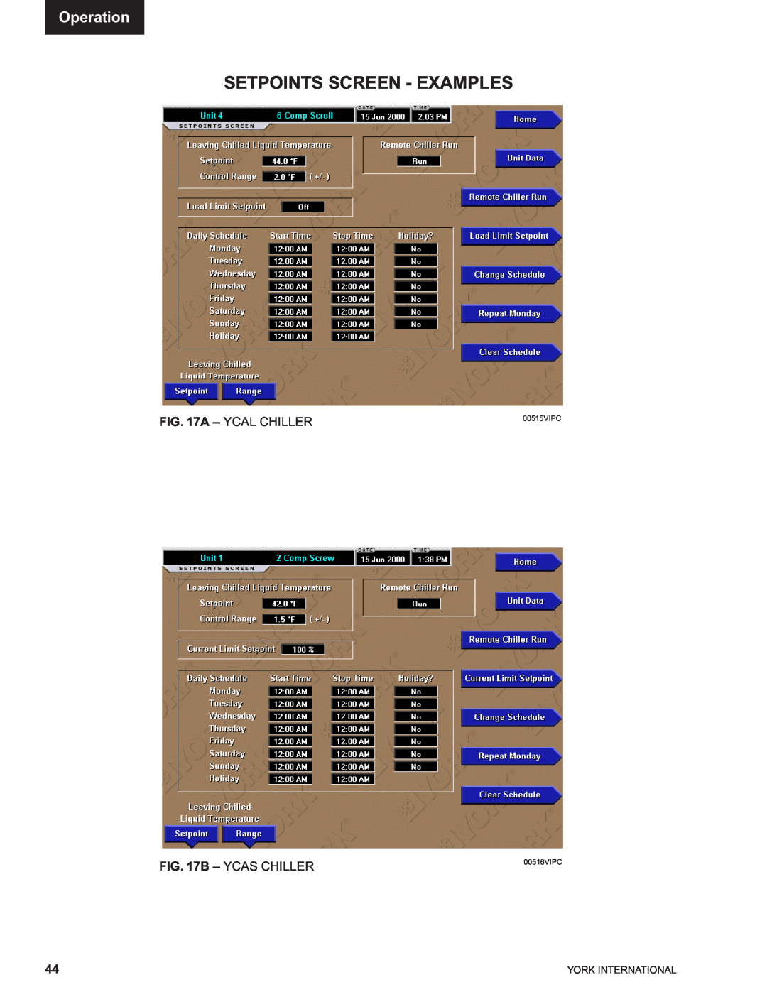 York 00497VIP manual Setpoints Screen - Examples, Operation, A – Ycal Chiller B – Ycas Chiller, 00515VIPC 00516VIPC 