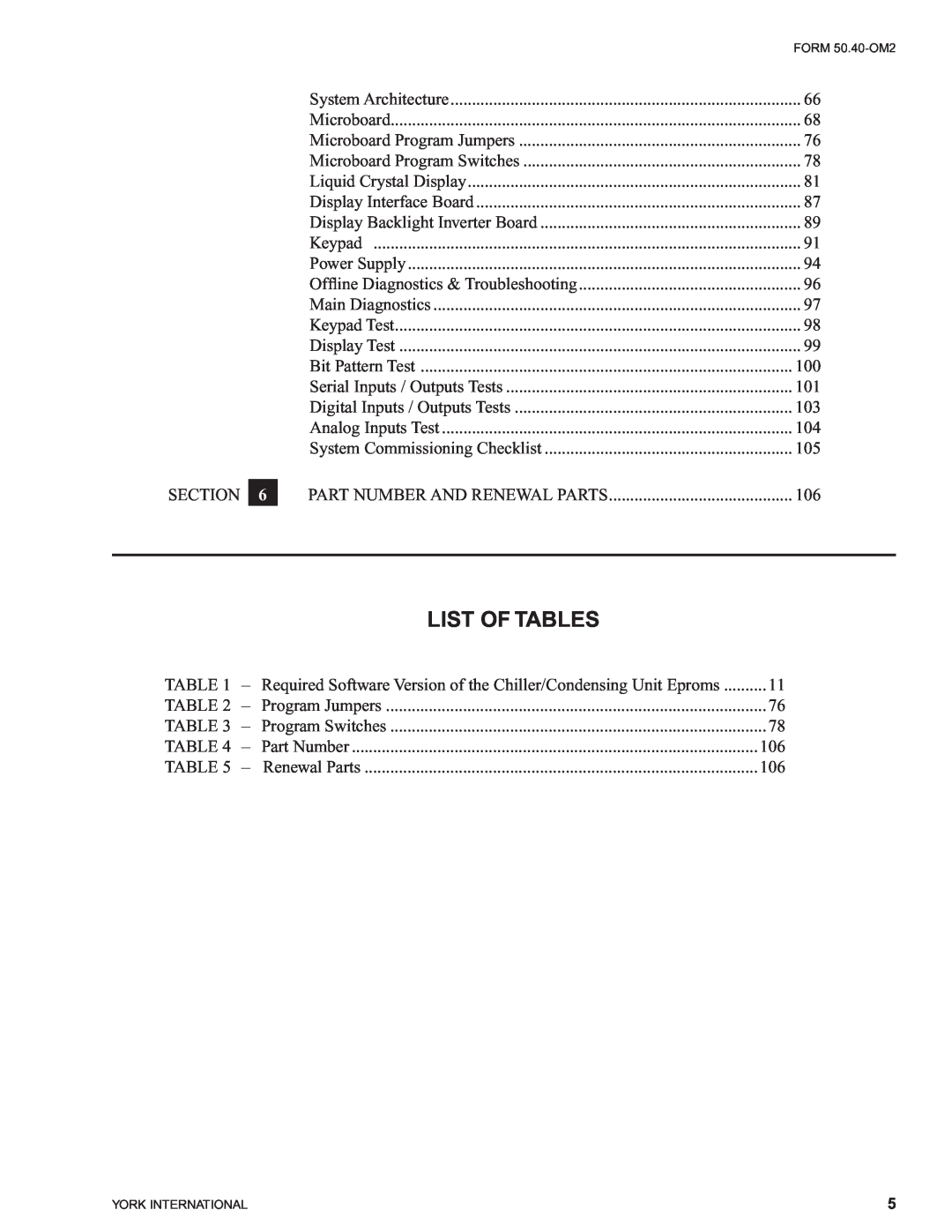 York 00497VIP manual List Of Tables 
